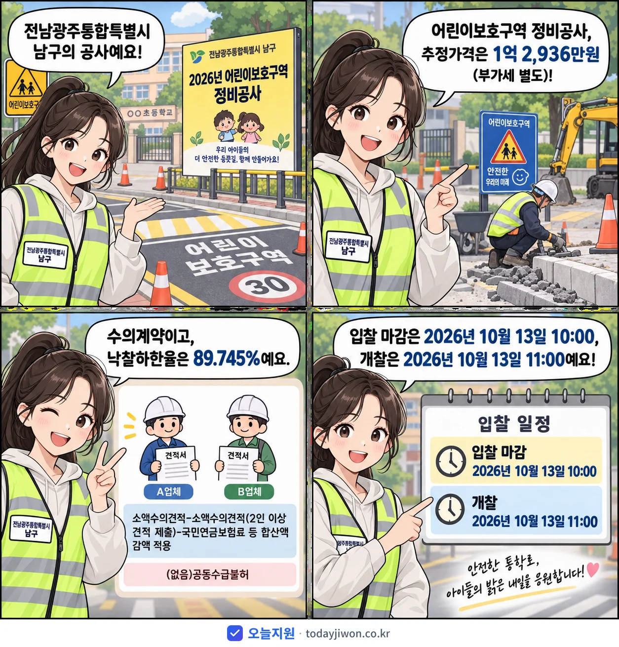 4컷 만화로 보는 공고: 전남광주통합특별시 남구 '어린이보호구역 정비공사', 추정가격 1억 2,936만원, 입찰 마감 10/13 10:00
