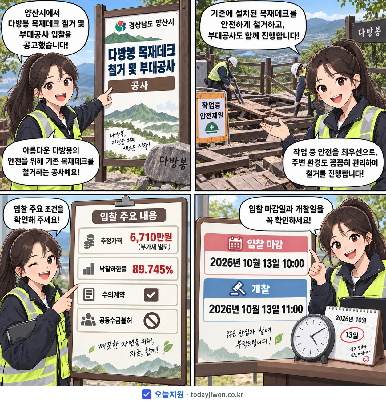 4컷 만화로 보는 공고: 경상남도 양산시 '다방봉 목재데크 철거 및 부대공사', 추정가격 6,710만원, 입찰 마감 10/13 10:00