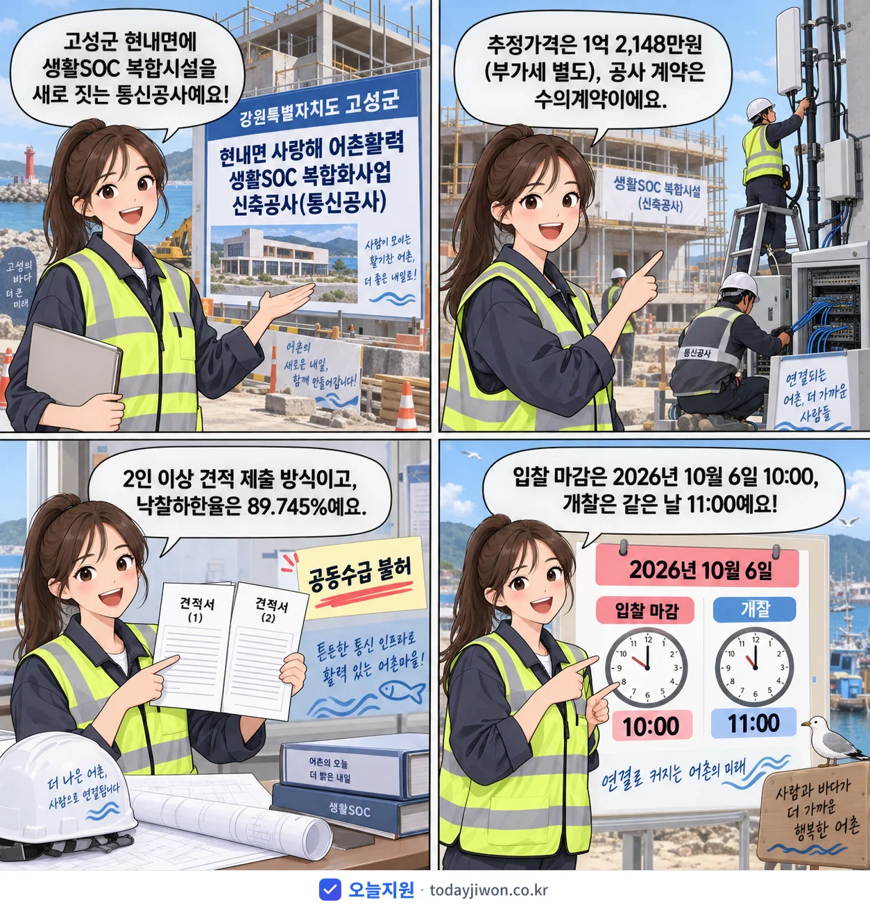 4컷 만화로 보는 공고: 강원특별자치도 고성군 '현내면 사랑해 어촌활력 생활SOC 복합화사업 신축공사(통신공사)', 추정가격 1억 2,148만원, 입찰 마감 10/6 10:00