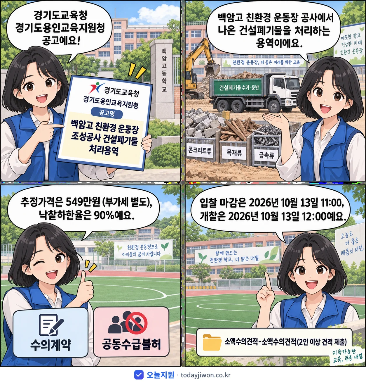 4컷 만화로 보는 공고: 경기도교육청 경기도용인교육지원청 '백암고 친환경 운동장 조성공사 건설폐기물 처리용역', 추정가격 549만원, 입찰 마감 10/13 11:00