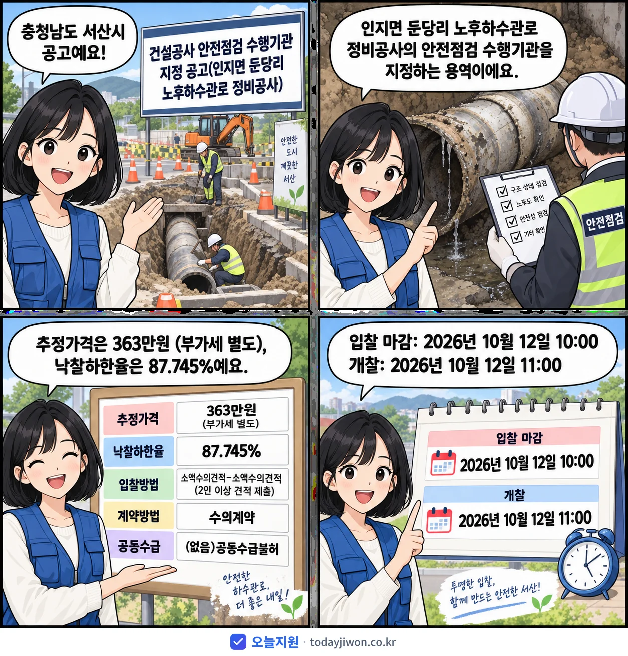 4컷 만화로 보는 공고: 충청남도 서산시 '건설공사 안전점검 수행기관 지정 공고(인지면 둔당리 노후하수관로 정비공…', 추정가격 363만원, 입찰 마감 10/12 10:00