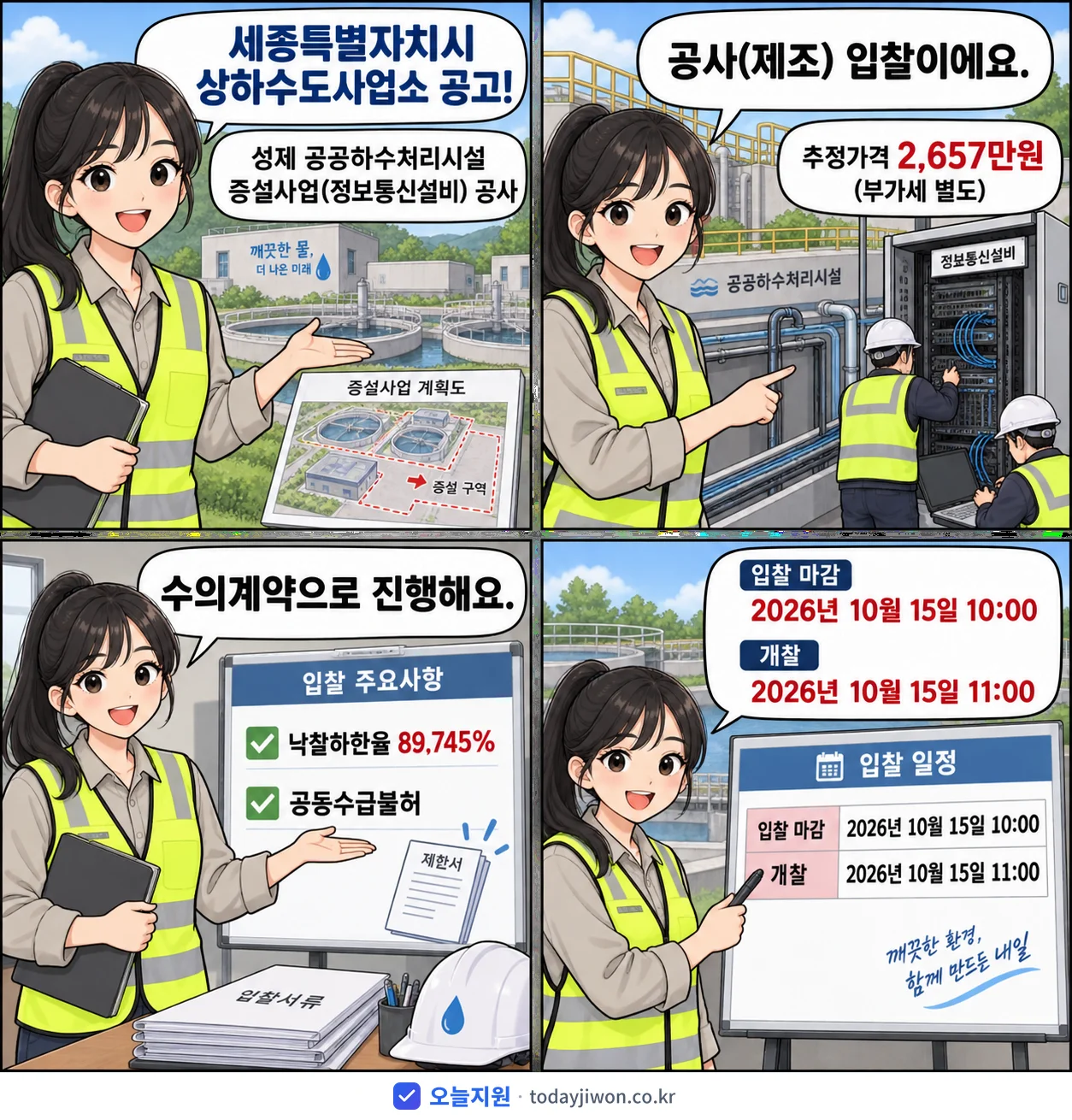 4컷 만화로 보는 공고: 세종특별자치시 상하수도사업소 '성제 공공하수처리시설 증설사업(정보통신설비) 공사', 추정가격 2,657만원, 입찰 마감 10/15 10:00