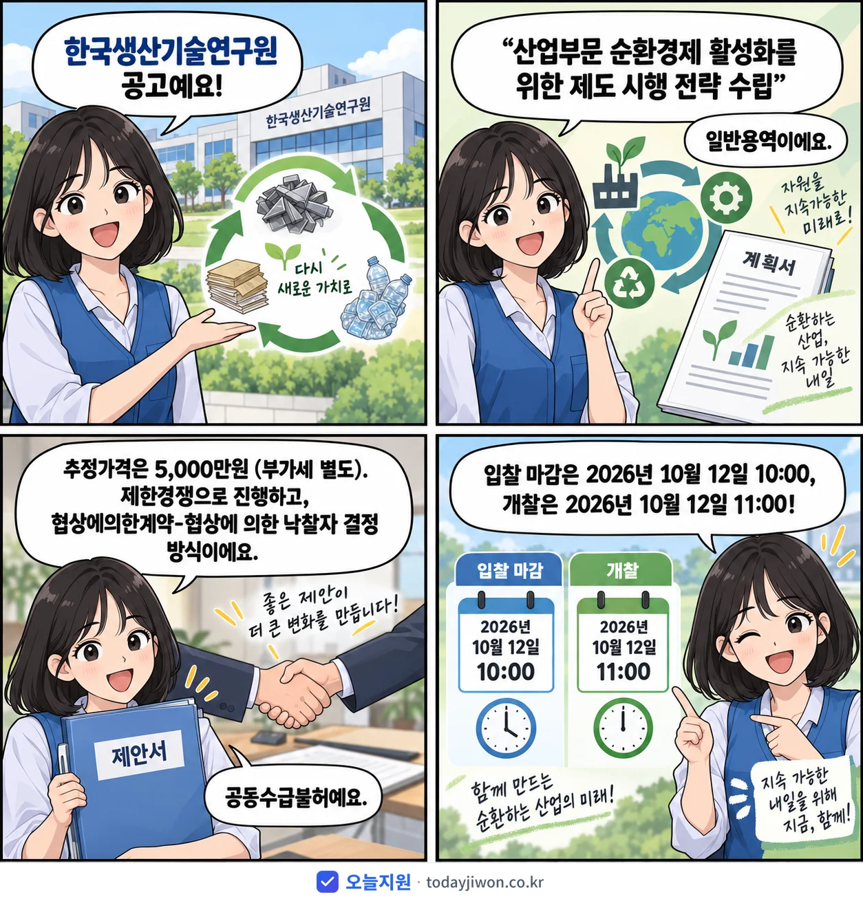 4컷 만화로 보는 공고: 한국생산기술연구원 '산업부문 순환경제 활성화를 위한 제도 시행 전략 수립', 추정가격 5,000만원, 입찰 마감 10/12 10:00