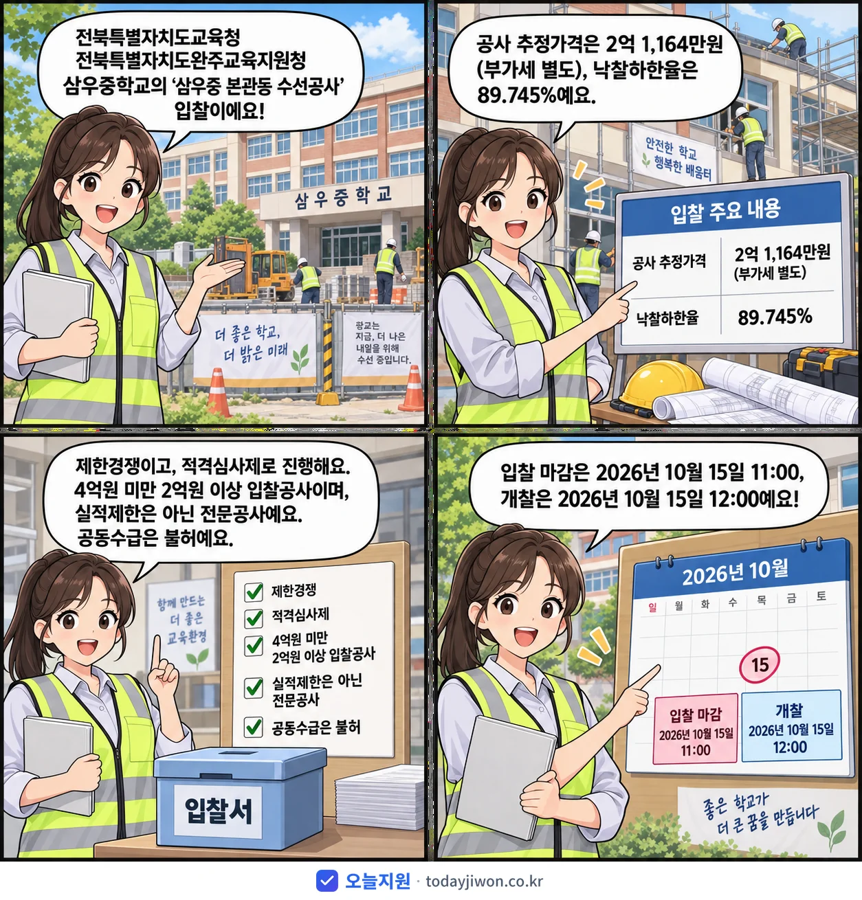 4컷 만화로 보는 공고: 전북특별자치도교육청 전북특별자치도완주교육지원청 삼우중학교 '삼우중 본관동 수선공사', 추정가격 2억 1,164만원, 입찰 마감 10/15 11:00