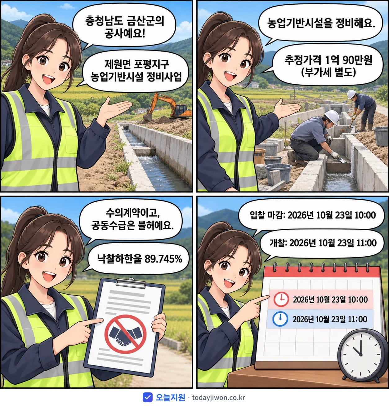 4컷 만화로 보는 공고: 충청남도 금산군 '제원면 포평지구 농업기반시설 정비사업', 추정가격 1억 90만원, 입찰 마감 10/23 10:00