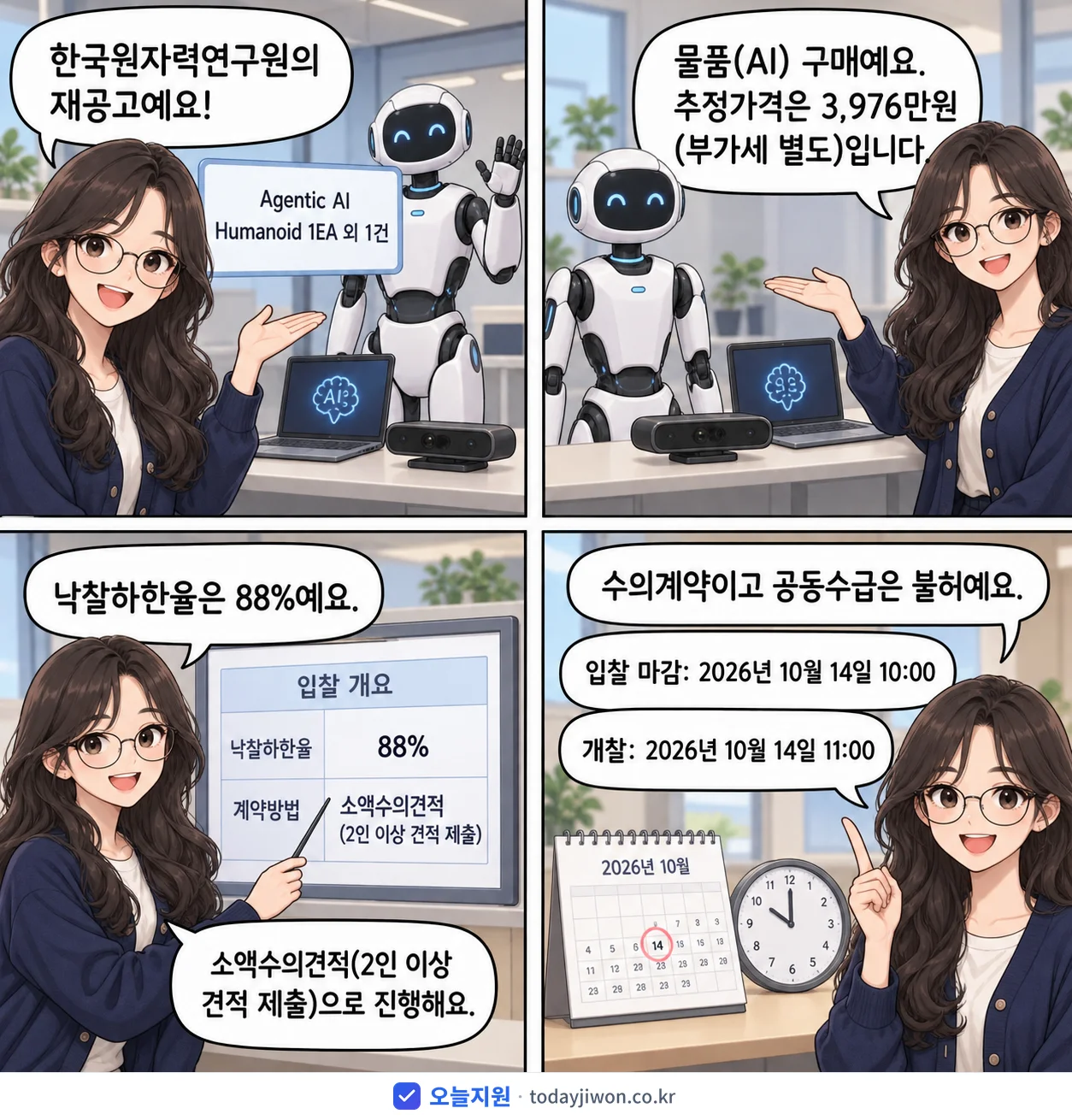 4컷 만화로 보는 공고: 한국원자력연구원 'Agentic AI Humanoid 1EA 외 1건', 추정가격 3,976만원, 입찰 마감 10/14 10:00