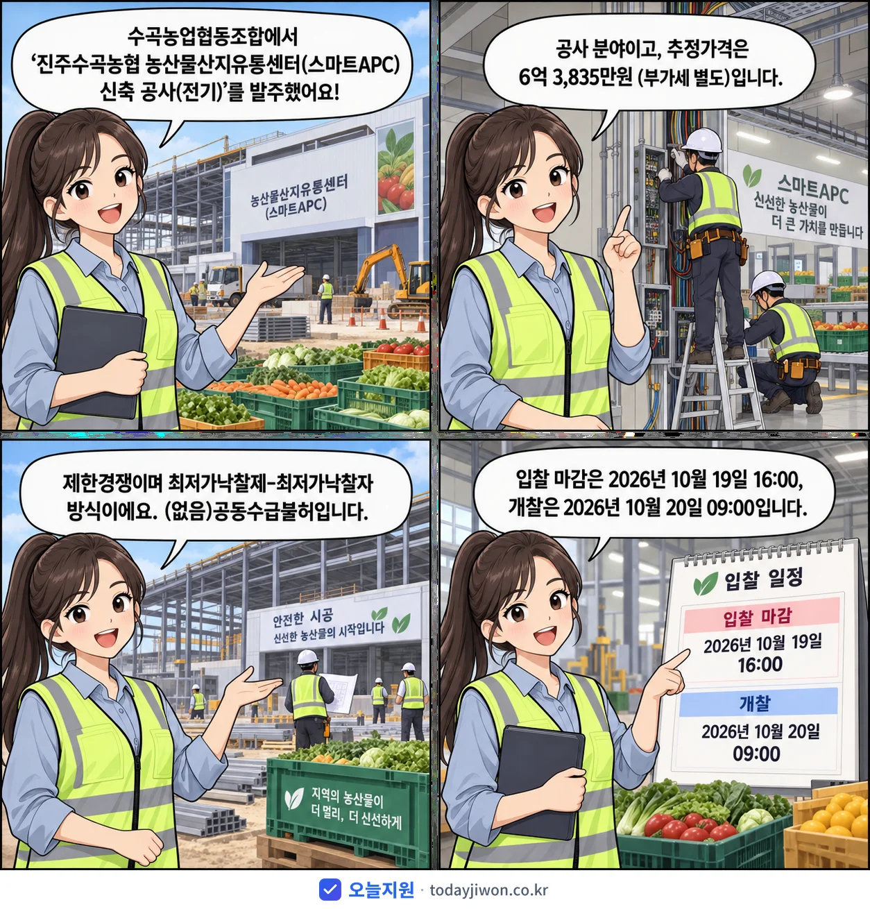 4컷 만화로 보는 공고: 수곡농업협동조합 '진주수곡농협 농산물산지유통센터(스마트APC)신축 공사(전기)', 추정가격 6억 3,835만원, 입찰 마감 10/19 16:00