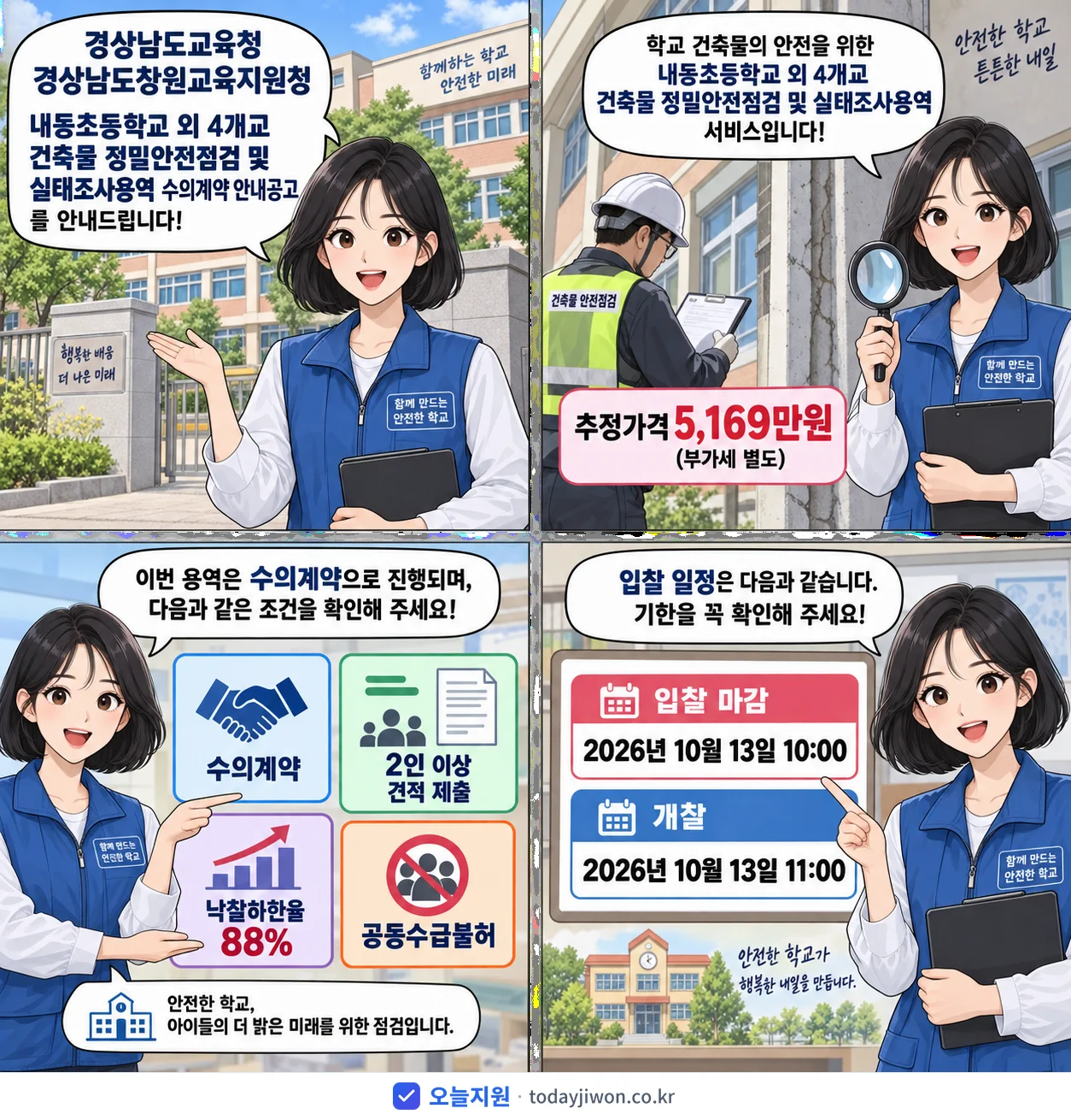 4컷 만화로 보는 공고: 경상남도교육청 경상남도창원교육지원청 '내동초등학교 외 4개교 건축물 정밀안전점검 및 실태조사용역 수의계약 안…', 추정가격 5,169만원, 입찰 마감 10/13 10:00