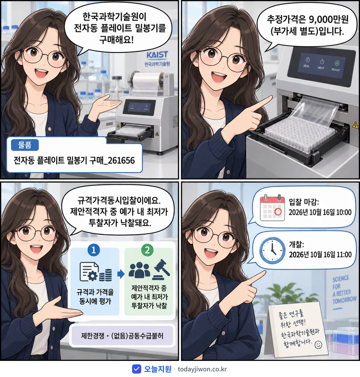 4컷 만화로 보는 공고: 한국과학기술원 '전자동 플레이트 밀봉기 구매_261656', 추정가격 9,000만원, 입찰 마감 10/16 10:00