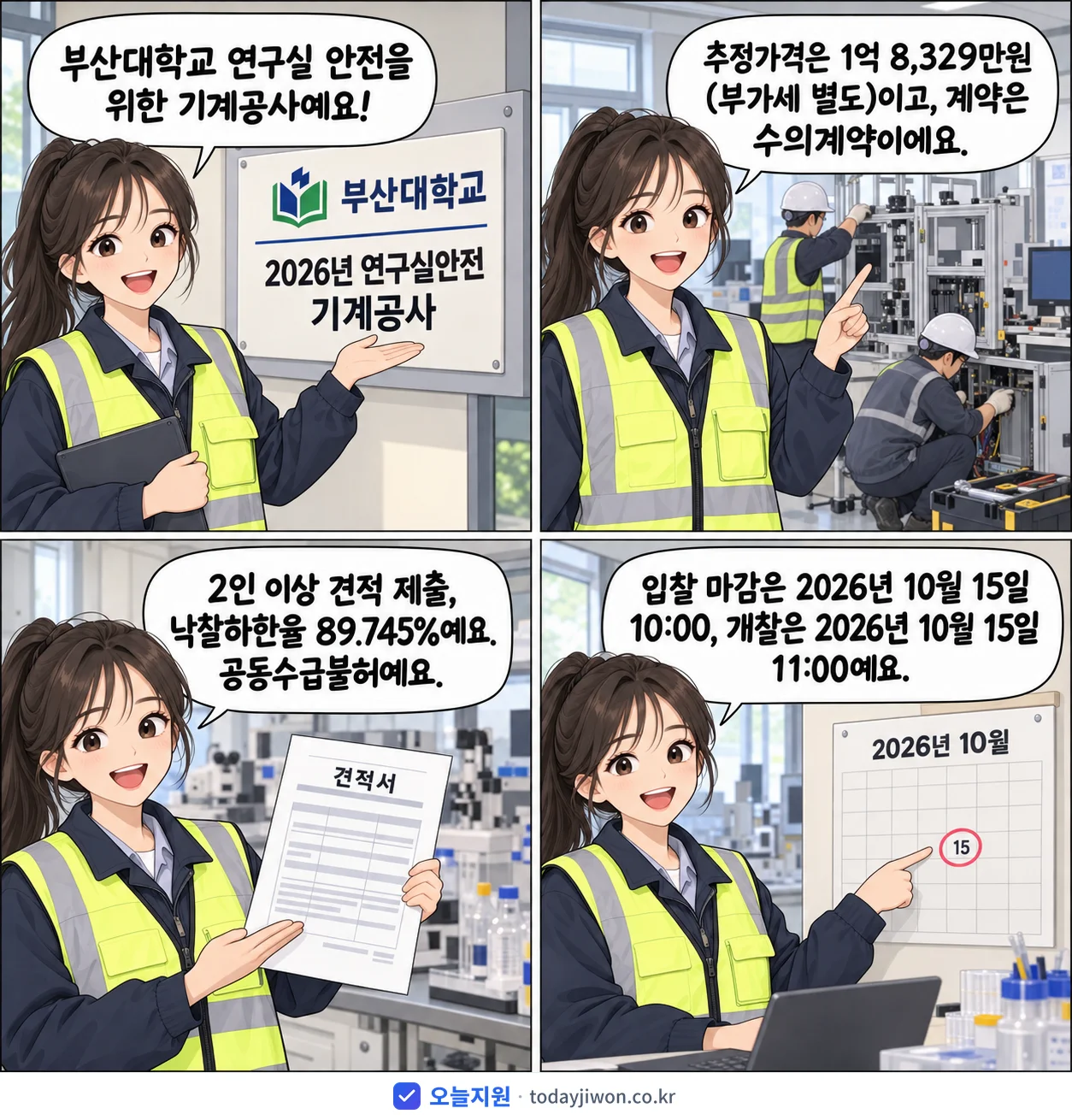 4컷 만화로 보는 공고: 부산대학교 '연구실안전 기계공사', 추정가격 1억 8,329만원, 입찰 마감 10/15 10:00