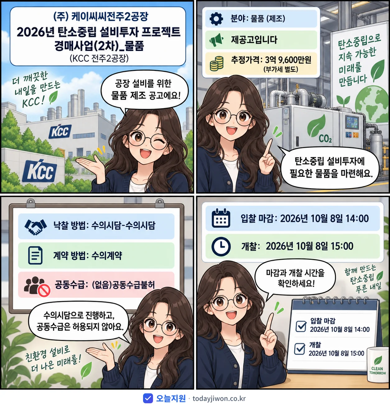 4컷 만화로 보는 공고: (주) 케이씨씨전주2공장 '탄소중립 설비투자 프로젝트 경매사업(2차)_물품 (KCC 전주2공장)', 추정가격 3억 9,600만원, 입찰 마감 10/8 14:00