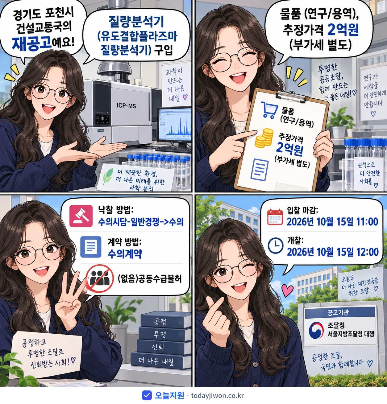 4컷 만화로 보는 공고: 경기도 포천시 건설교통국 '질량분석기(유도결합플라즈마 질량분석기) 구입', 추정가격 2억원, 입찰 마감 10/15 11:00