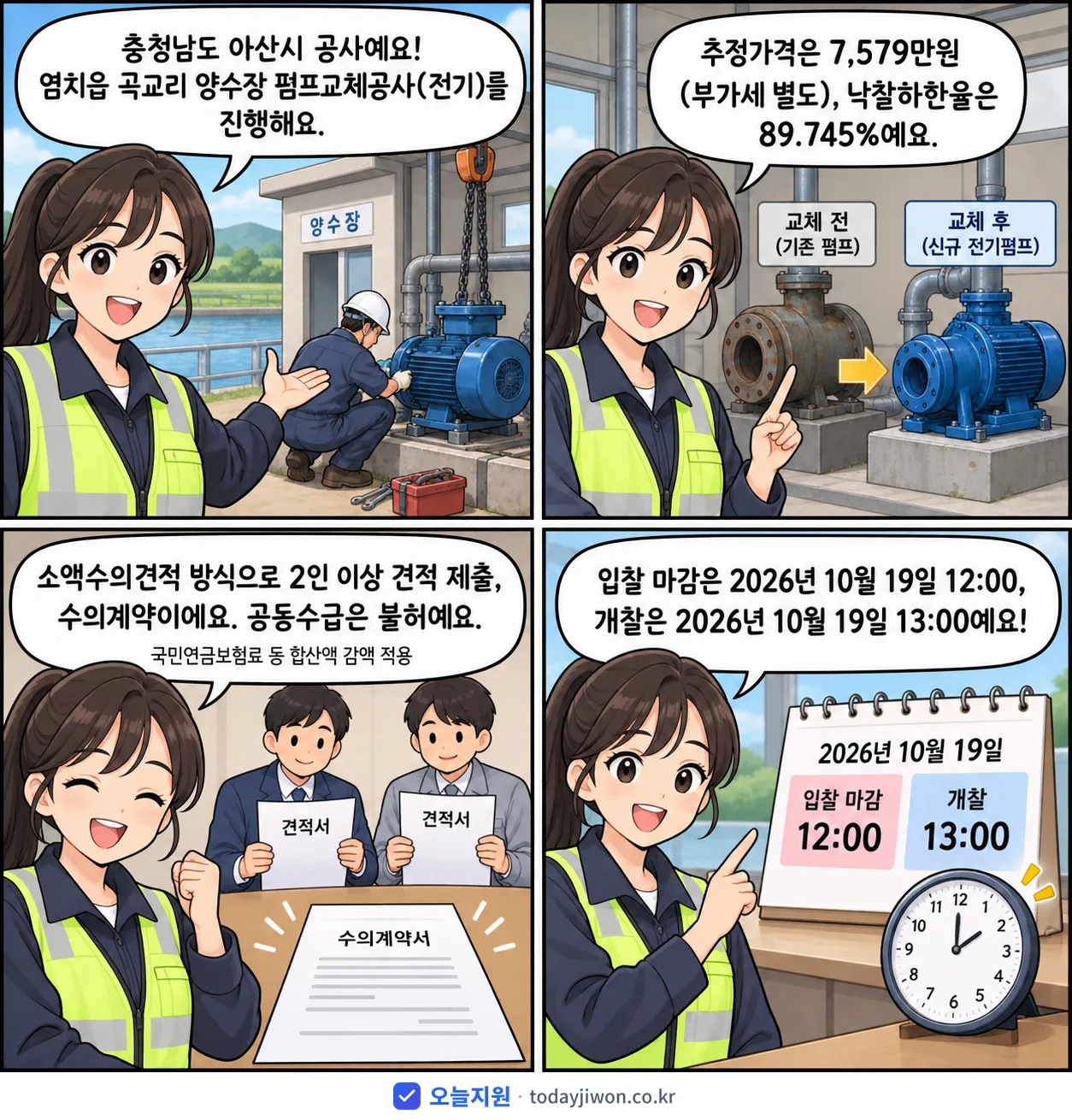4컷 만화로 보는 공고: 충청남도 아산시 '염치읍 곡교리 양수장 펌프교체공사(전기)', 추정가격 7,579만원, 입찰 마감 10/19 12:00