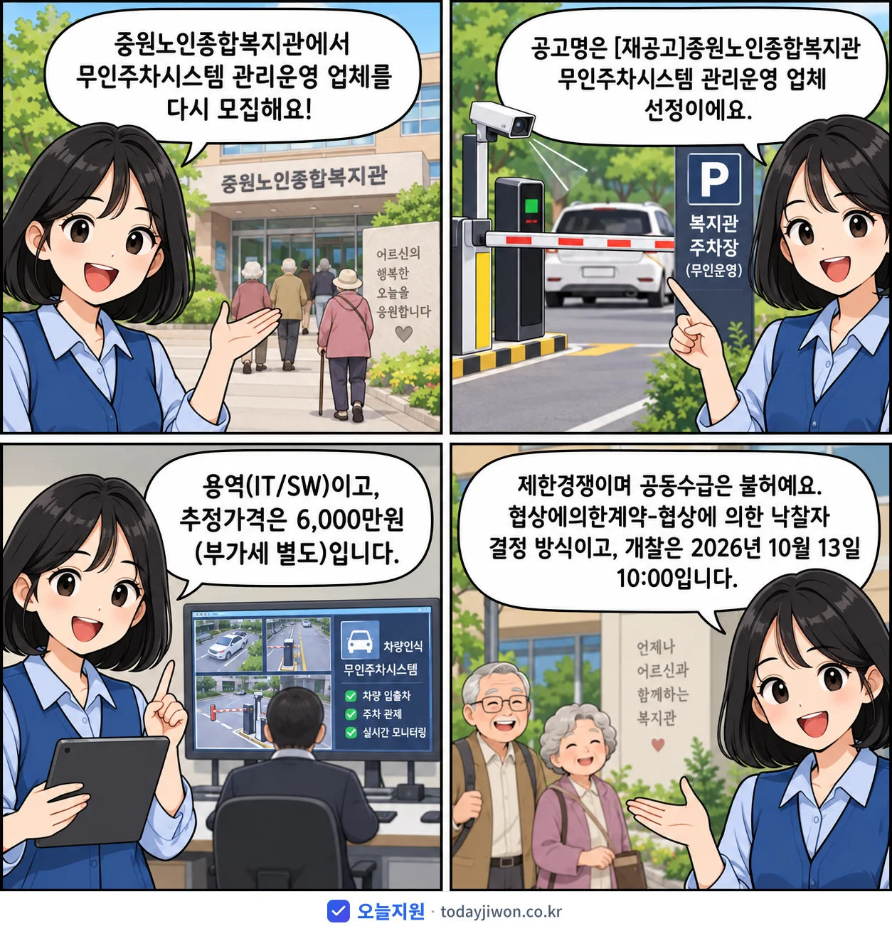 4컷 만화로 보는 공고: 중원노인종합복지관 '중원노인종합복지관 무인주차시스템 관리운영 업체 선정', 추정가격 6,000만원