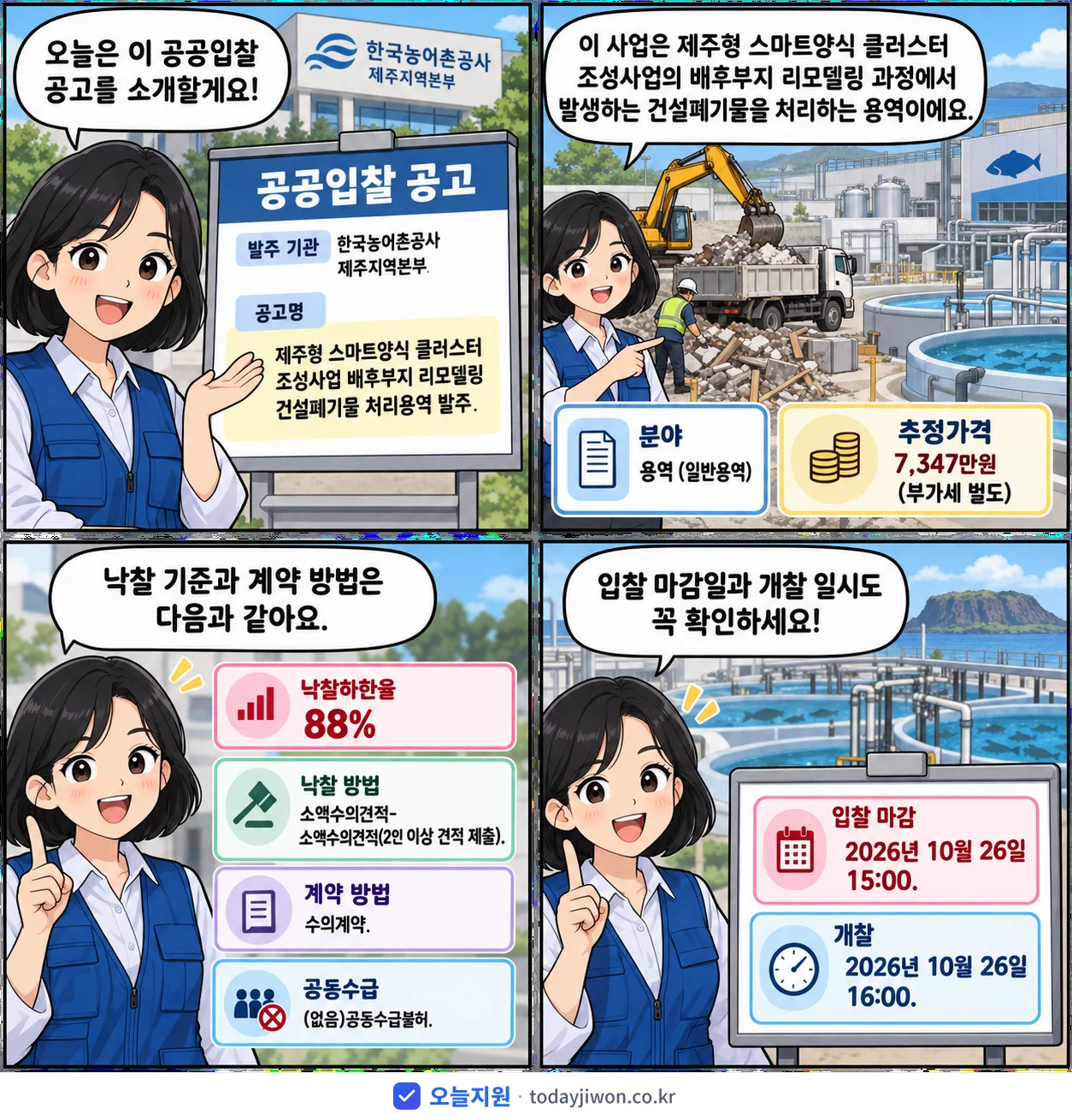 4컷 만화로 보는 공고: 한국농어촌공사 제주지역본부 '제주형 스마트양식 클러스터 조성사업 배후부지 리모델링 건설폐기물 처리용…', 추정가격 7,347만원, 입찰 마감 10/26 15:00