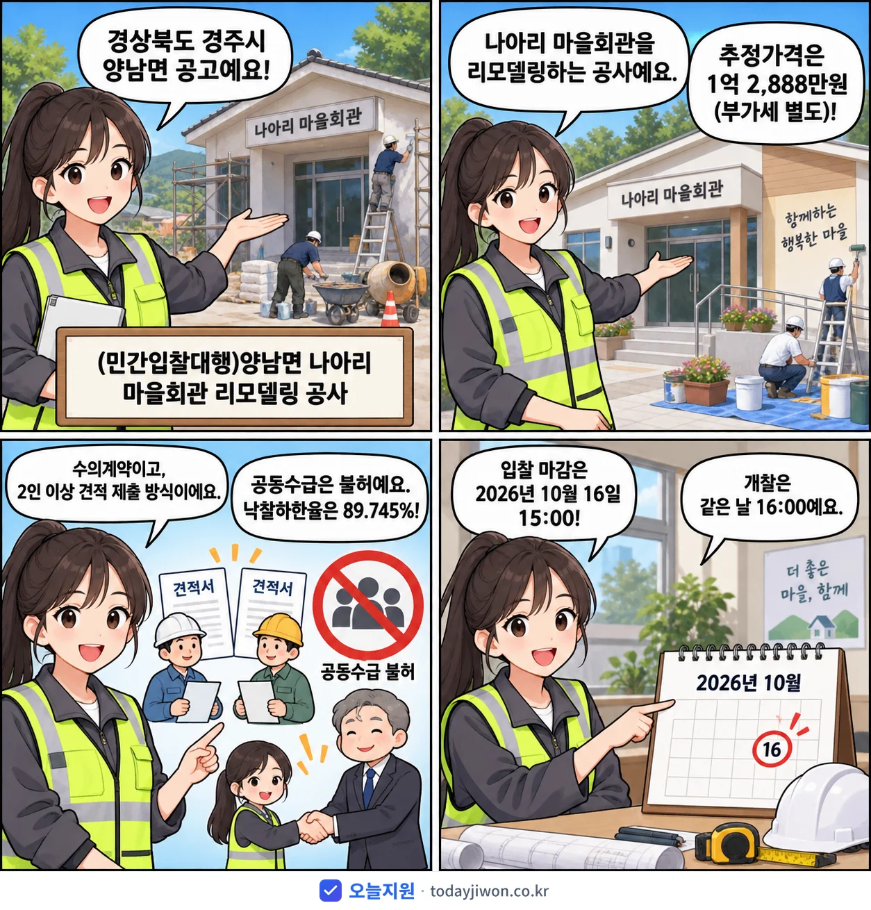 4컷 만화로 보는 공고: 경상북도 경주시 양남면 '(민간입찰대행)양남면 나아리 마을회관 리모델링 공사', 추정가격 1억 2,888만원, 입찰 마감 10/16 15:00