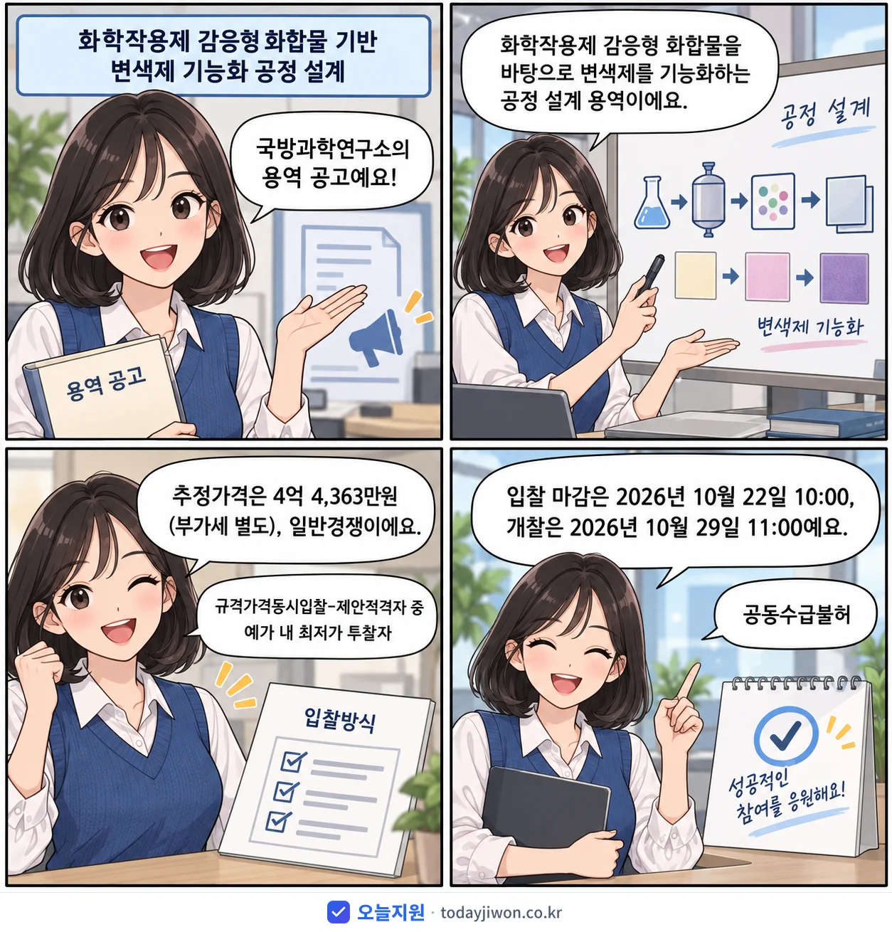 4컷 만화로 보는 공고: 국방과학연구소 '화학작용제 감응형 화합물 기반 변색제 기능화 공정 설계', 추정가격 4억 4,363만원, 입찰 마감 10/22 10:00