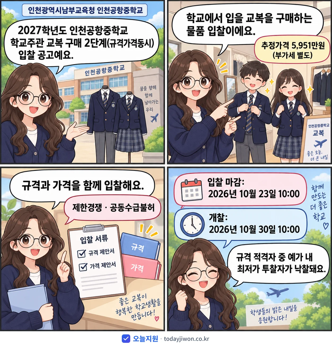 4컷 만화로 보는 공고: 인천광역시남부교육청 인천공항중학교 '학년도 인천공항중학교 학교주관 교복 구매 2단계(규격가격동시) 입찰 공고', 추정가격 5,951만원, 입찰 마감 10/23 10:00