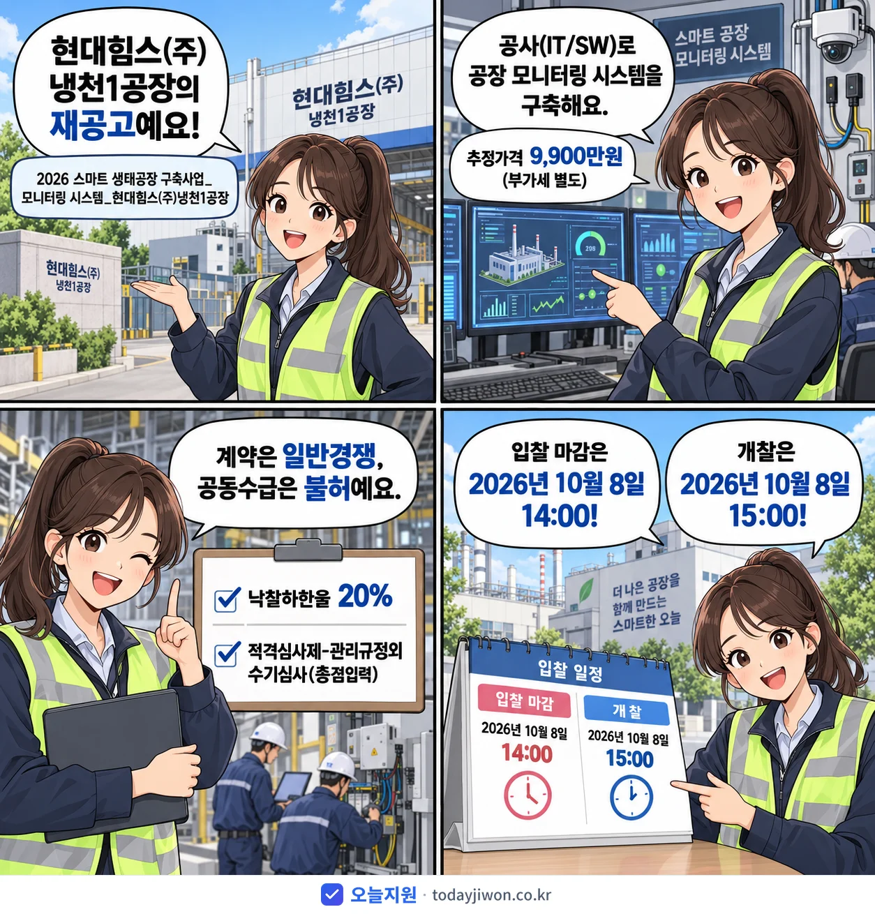 4컷 만화로 보는 공고: 현대힘스(주) 냉천1공장 '스마트 생태공장 구축사업_모니터링 시스템_현대힘스(주)냉천1공장', 추정가격 9,900만원, 입찰 마감 10/8 14:00