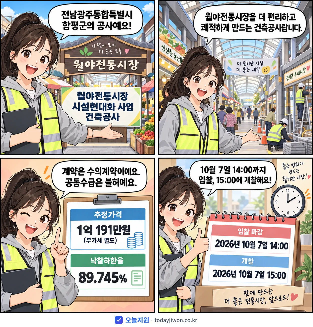 4컷 만화로 보는 공고: 전남광주통합특별시 함평군 '월야전통시장 시설현대화 사업 건축공사', 추정가격 1억 191만원, 입찰 마감 10/7 14:00