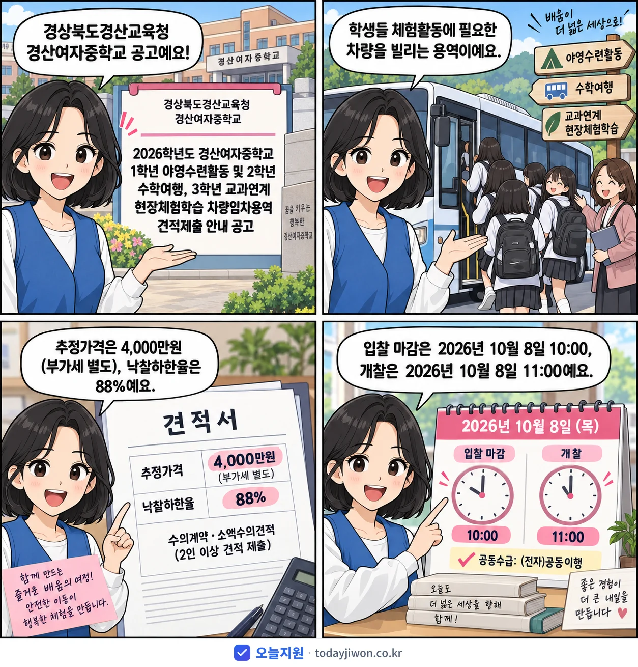 4컷 만화로 보는 공고: 경상북도경산교육청 경산여자중학교 '학년도 경산여자중학교 1학년 야영수련활동 및 2학년 수학여행, 3학년…', 추정가격 4,000만원, 입찰 마감 10/8 10:00