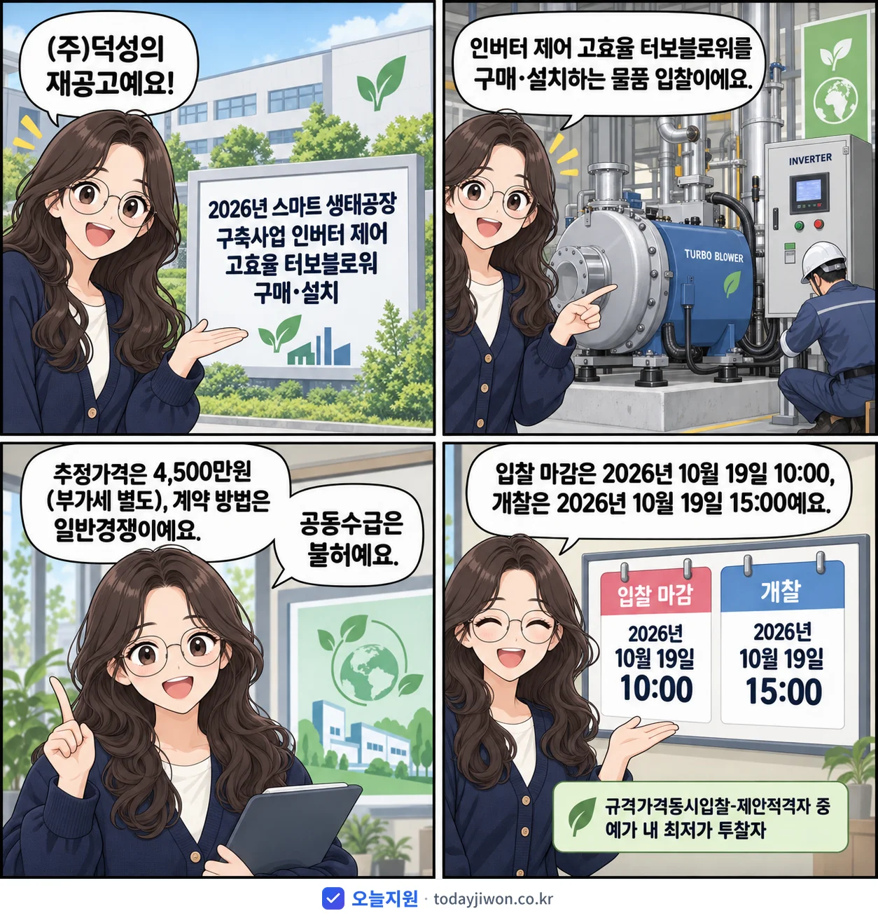 4컷 만화로 보는 공고: (주)덕성 '스마트 생태공장 구축사업 인버터 제어 고효율 터보블로워 구매·설치', 추정가격 4,500만원, 입찰 마감 10/19 10:00