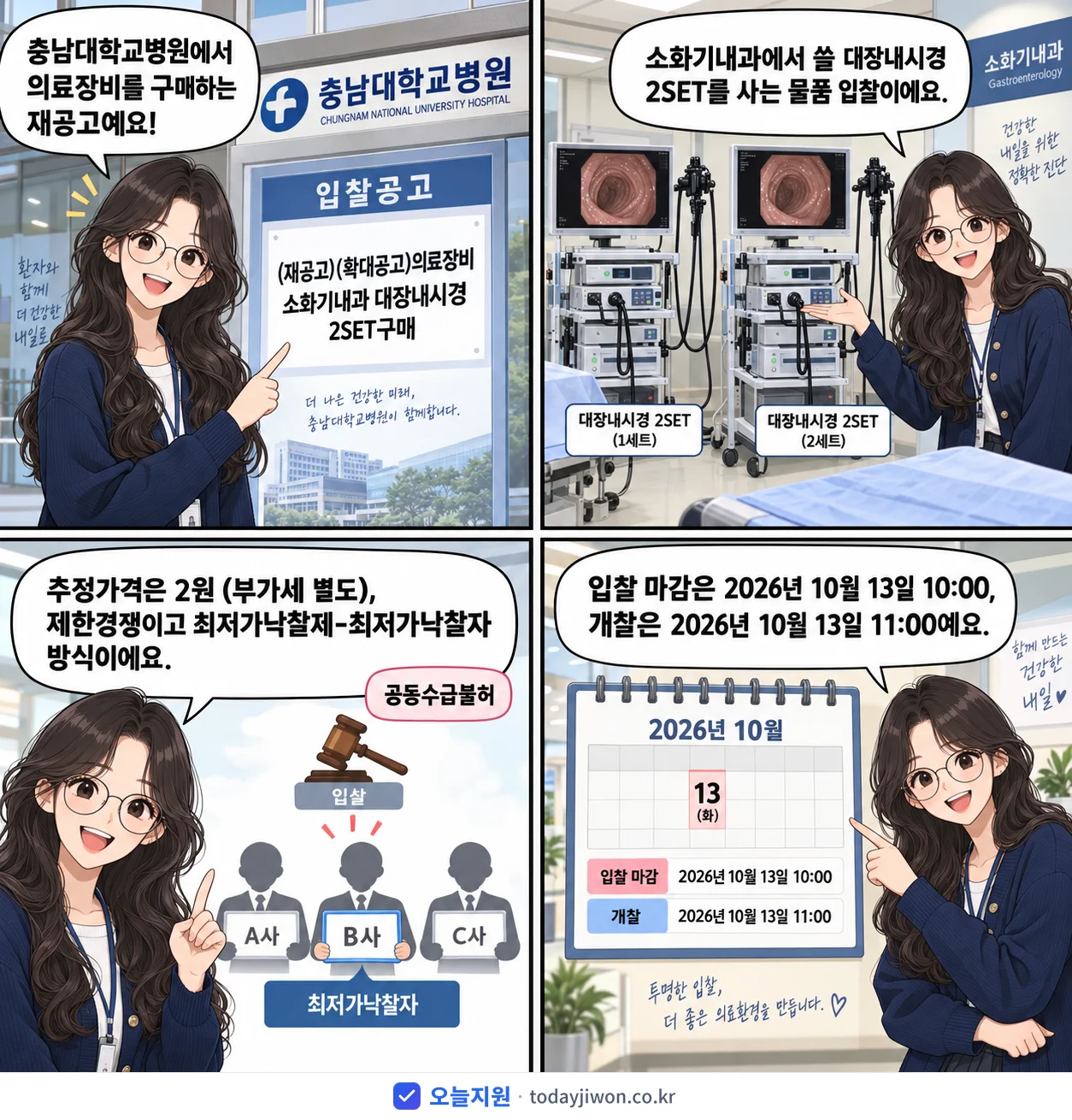 4컷 만화로 보는 공고: 충남대학교병원 '(확대공고)의료장비 소화기내과 대장내시경 2SET구매', 추정가격 2원, 입찰 마감 10/13 10:00