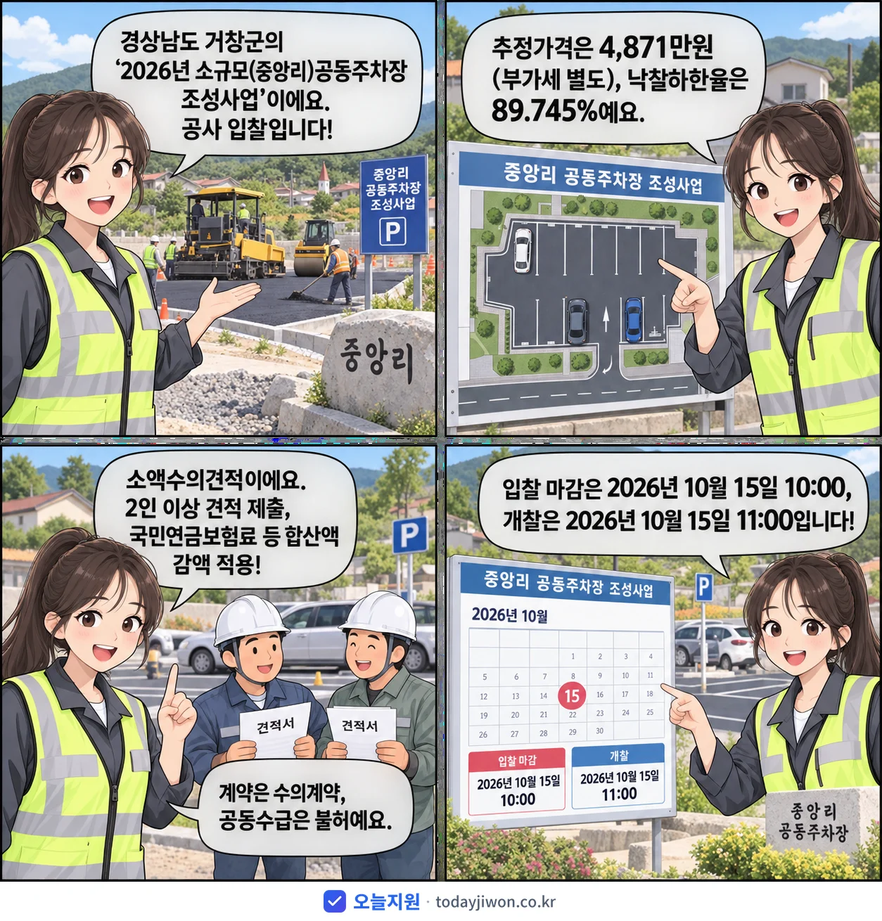 4컷 만화로 보는 공고: 경상남도 거창군 '소규모(중앙리)공동주차장 조성사업', 추정가격 4,871만원, 입찰 마감 10/15 10:00