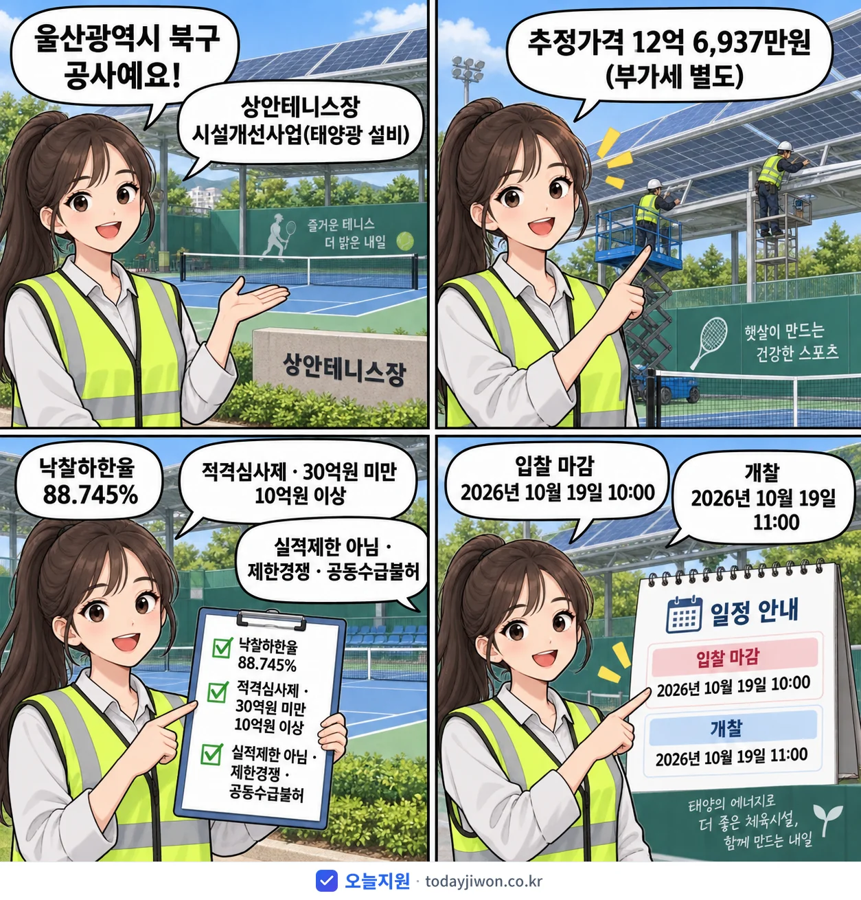 4컷 만화로 보는 공고: 울산광역시 북구 '상안테니스장 시설개선사업(태양광 설비)', 추정가격 12억 6,937만원, 입찰 마감 10/19 10:00