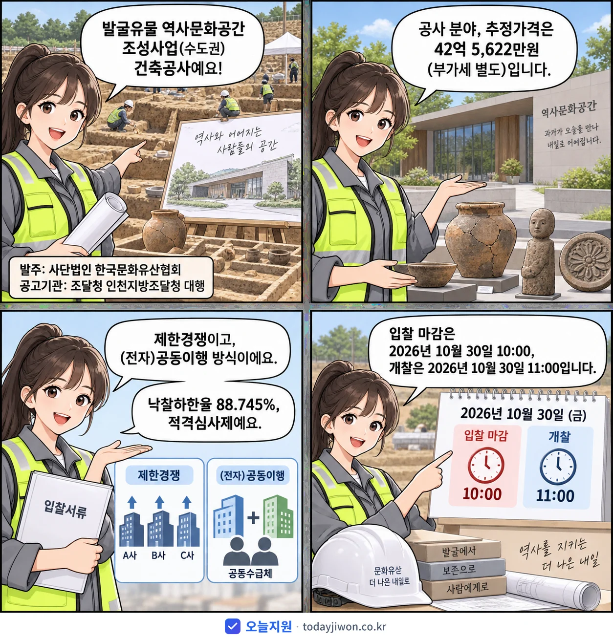 4컷 만화로 보는 공고: 사단법인 한국문화유산협회 '발굴유물 역사문화공간 조성사업(수도권) 건축공사', 추정가격 42억 5,622만원, 입찰 마감 10/30 10:00