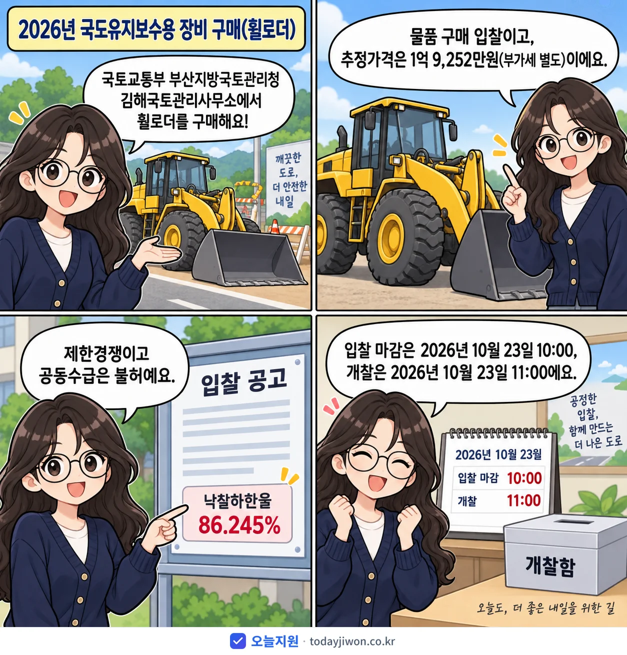 4컷 만화로 보는 공고: 국토교통부 부산지방국토관리청 김해국토관리사무소 '국도유지보수용 장비 구매(휠로더)', 추정가격 1억 9,252만원, 입찰 마감 10/23 10:00