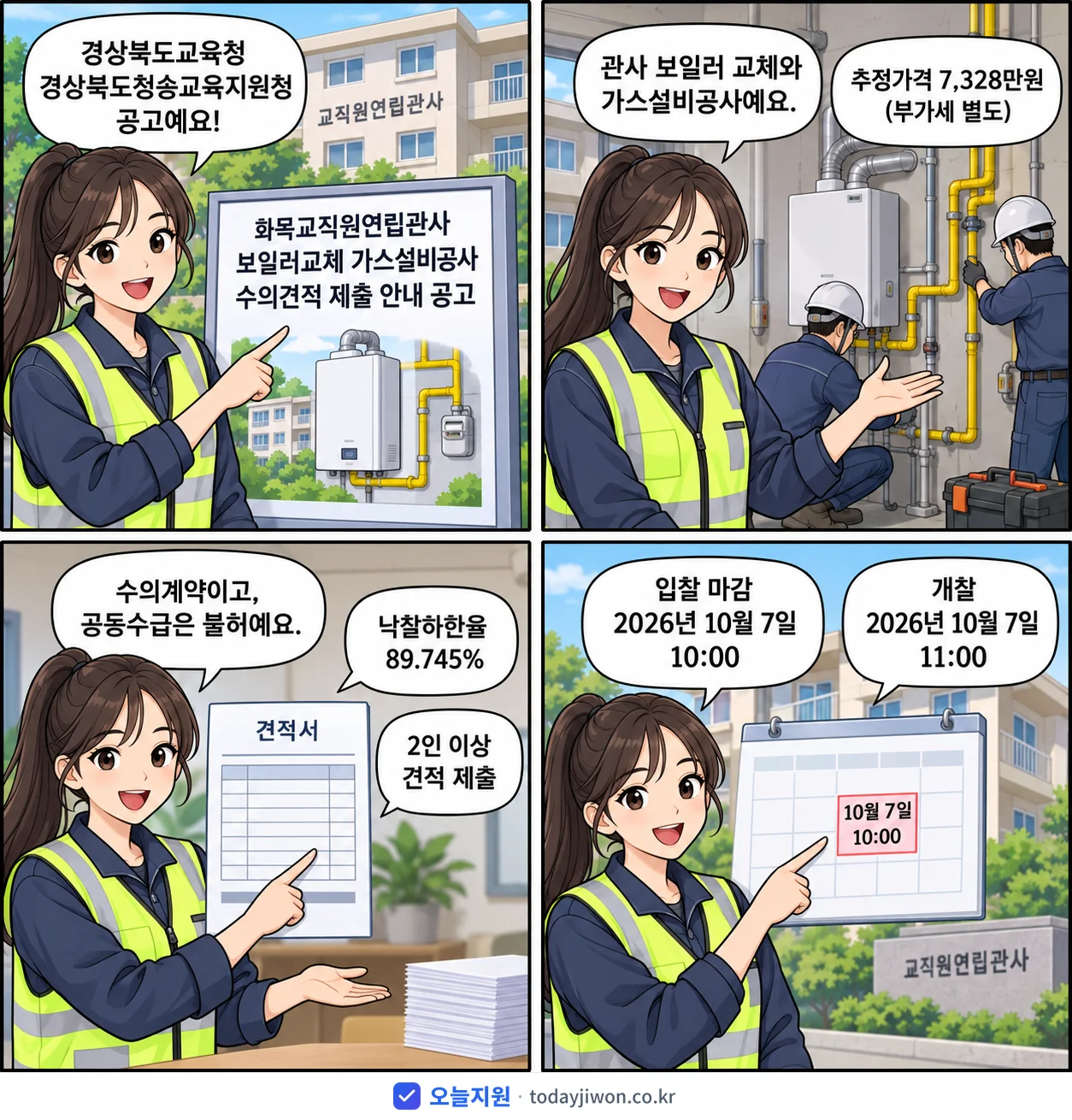 4컷 만화로 보는 공고: 경상북도교육청 경상북도청송교육지원청 '화목교직원연립관사 보일러교체 가스설비공사 수의견적 제출 안내 공고', 추정가격 7,328만원, 입찰 마감 10/7 10:00