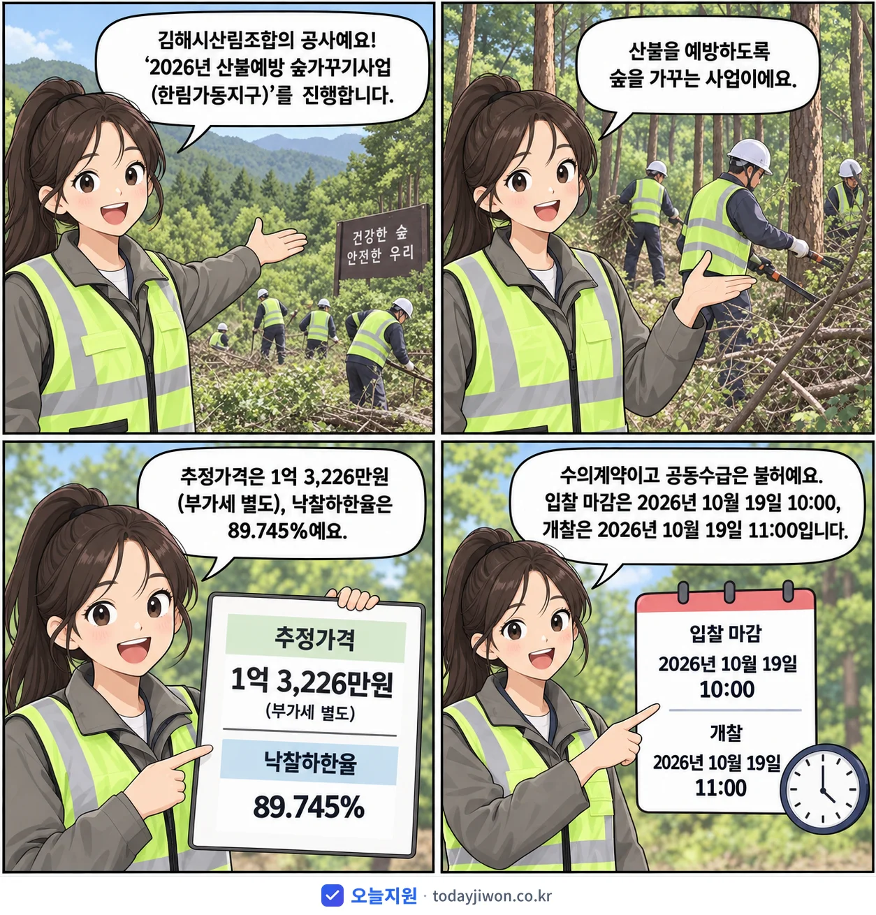 4컷 만화로 보는 공고: 김해시산림조합 '산불예방 숲가꾸기사업(한림가동지구)', 추정가격 1억 3,226만원, 입찰 마감 10/19 10:00