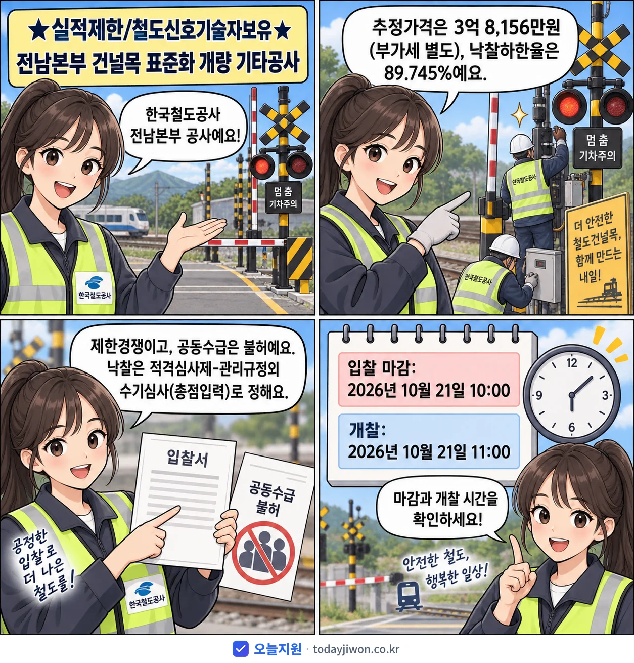 4컷 만화로 보는 공고: 한국철도공사 전남본부 '★실적제한/철도신호기술자보유★전남본부 건널목 표준화 개량 기타공사', 추정가격 3억 8,156만원, 입찰 마감 10/21 10:00