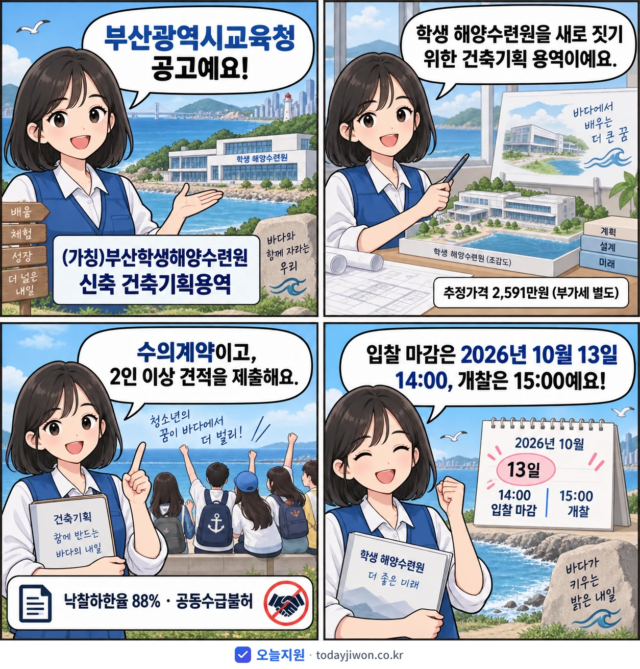 4컷 만화로 보는 공고: 부산광역시교육청 '(가칭)부산학생해양수련원 신축 건축기획용역', 추정가격 2,591만원, 입찰 마감 10/13 14:00
