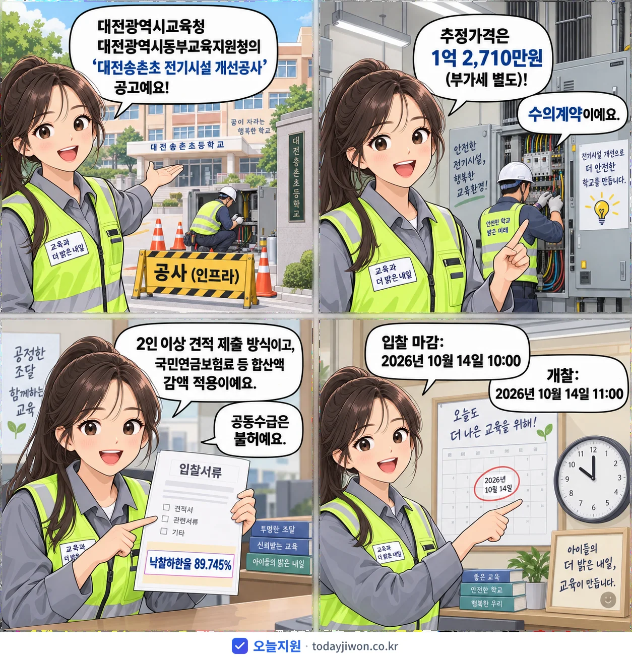 4컷 만화로 보는 공고: 대전광역시교육청 대전광역시동부교육지원청 '대전송촌초 전기시설 개선공사', 추정가격 1억 2,710만원, 입찰 마감 10/14 10:00