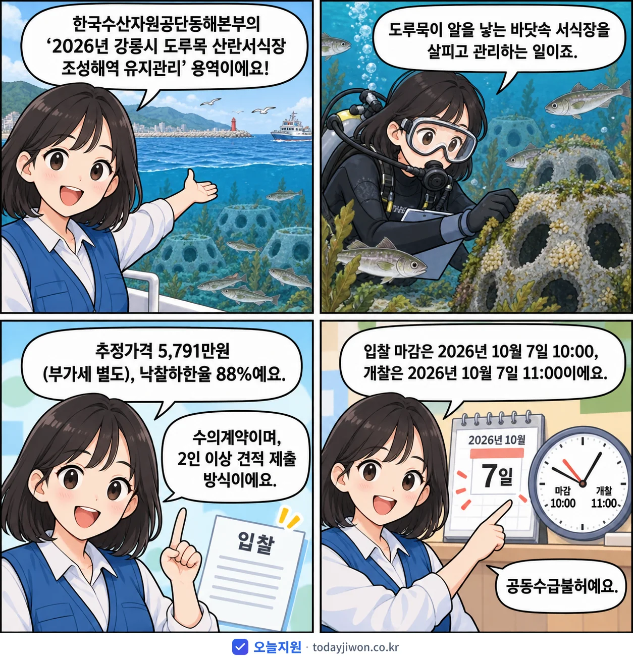 4컷 만화로 보는 공고: 한국수산자원공단동해본부 '강릉시 도루묵 산란서식장 조성해역 유지관리', 추정가격 5,791만원, 입찰 마감 10/7 10:00