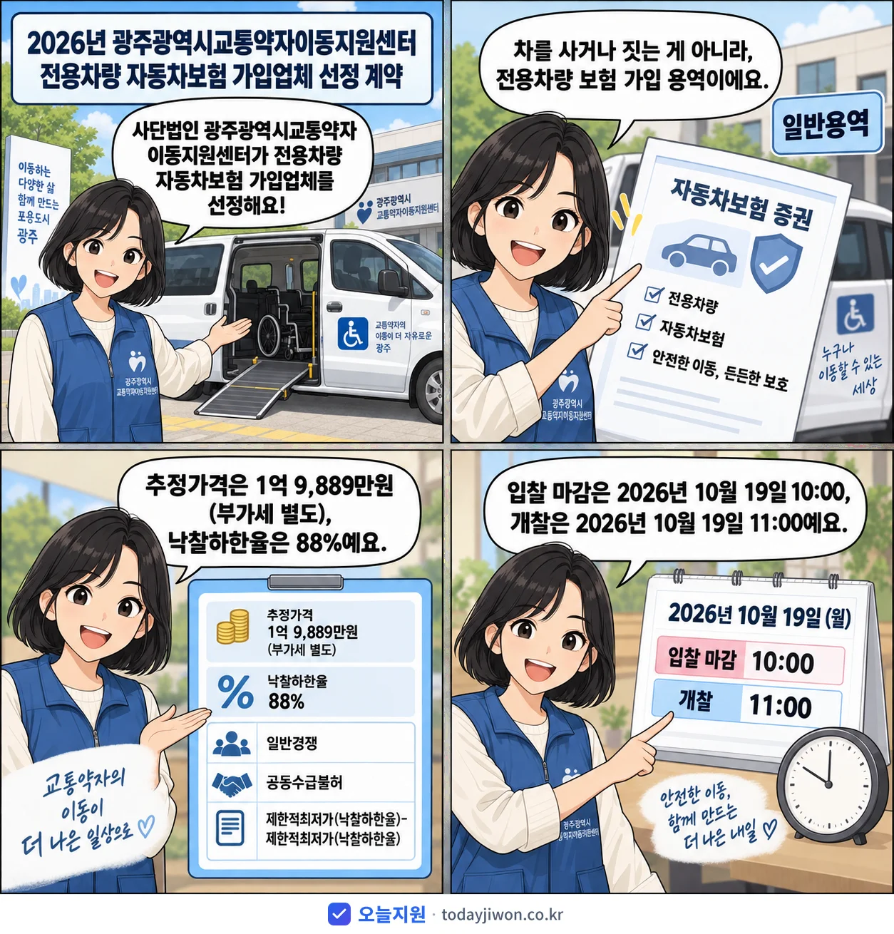 4컷 만화로 보는 공고: 사단법인 광주광역시교통약자이동지원센터 '광주광역시교통약자이동지원센터 전용차량 자동차보험 가입업체 선정 계약', 추정가격 1억 9,889만원, 입찰 마감 10/19 10:00