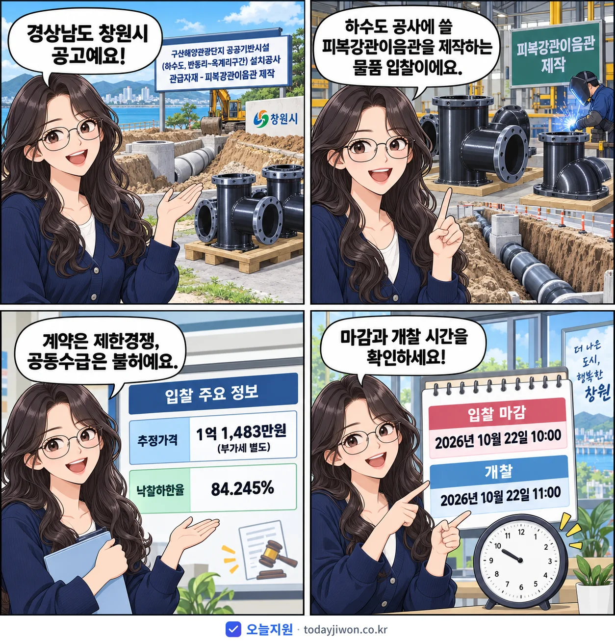 4컷 만화로 보는 공고: 경상남도 창원시 '구산해양관광단지 공공기반시설(하수도, 반동리~옥계리구간) 설치공사 관급…', 추정가격 1억 1,483만원, 입찰 마감 10/22 10:00