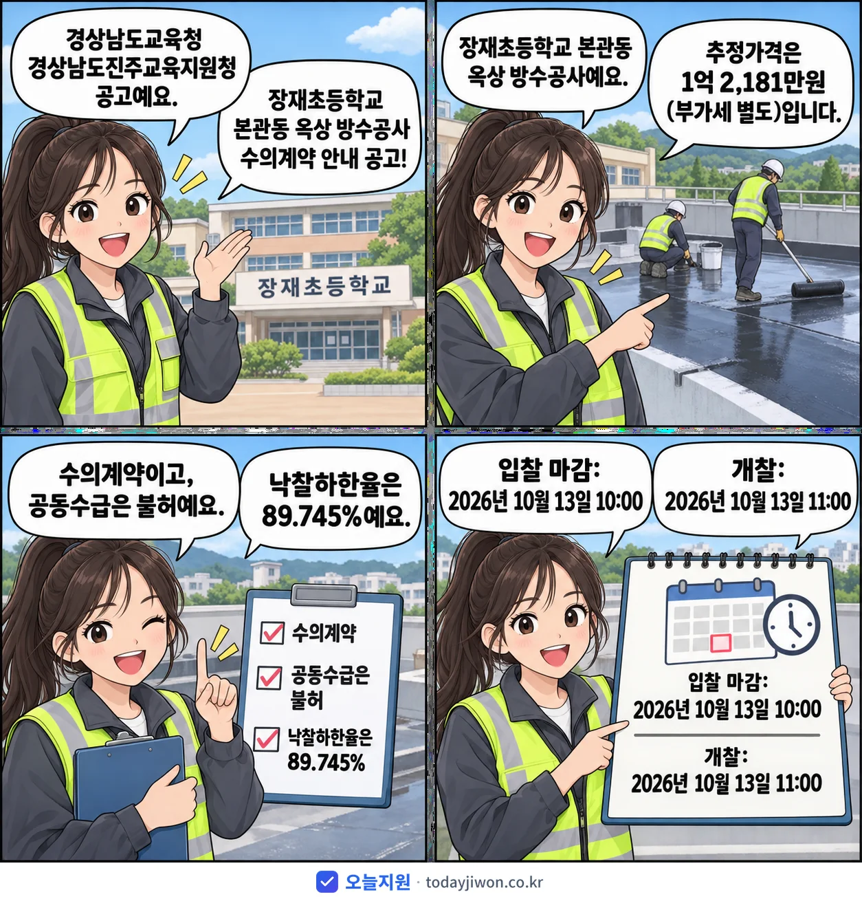 4컷 만화로 보는 공고: 경상남도교육청 경상남도진주교육지원청 '장재초등학교 본관동 옥상 방수공사 수의계약 안내 공고', 추정가격 1억 2,181만원, 입찰 마감 10/13 10:00