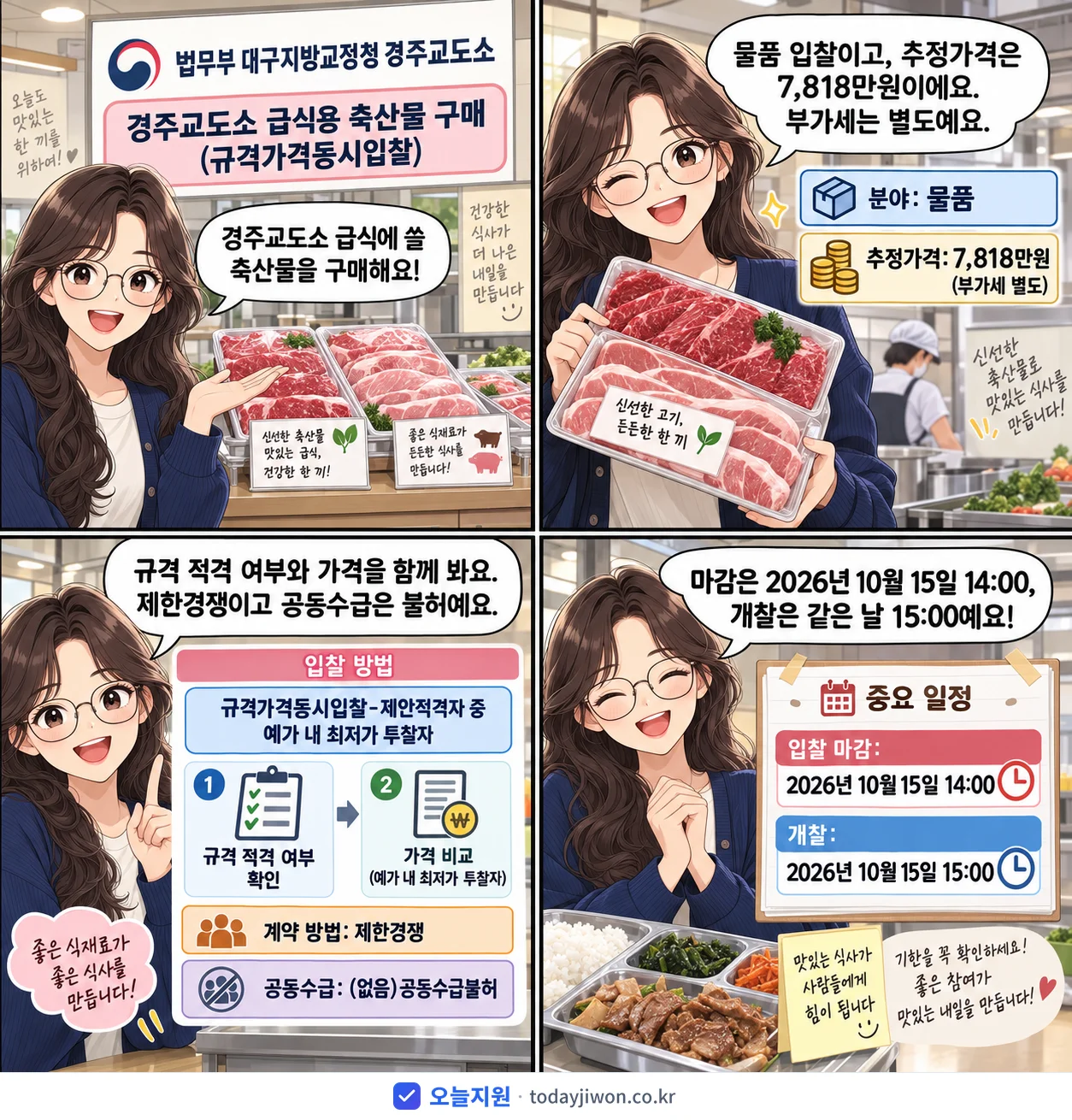 4컷 만화로 보는 공고: 법무부 대구지방교정청 경주교도소 '경주교도소 급식용 축산물 구매(규격가격동시입찰)', 추정가격 7,818만원, 입찰 마감 10/15 14:00