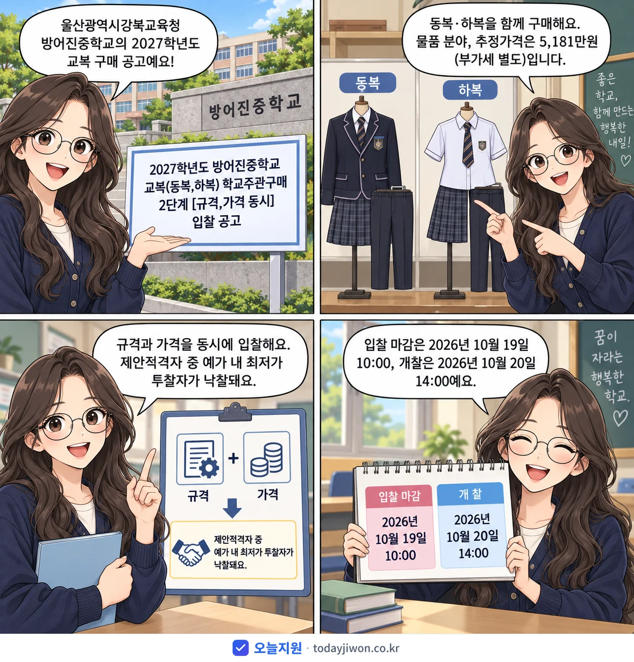 4컷 만화로 보는 공고: 울산광역시강북교육청 방어진중학교 '학년도 방어진중학교 교복(동복,하복) 학교주관구매 2단계 입찰 공고', 추정가격 5,181만원, 입찰 마감 10/19 10:00
