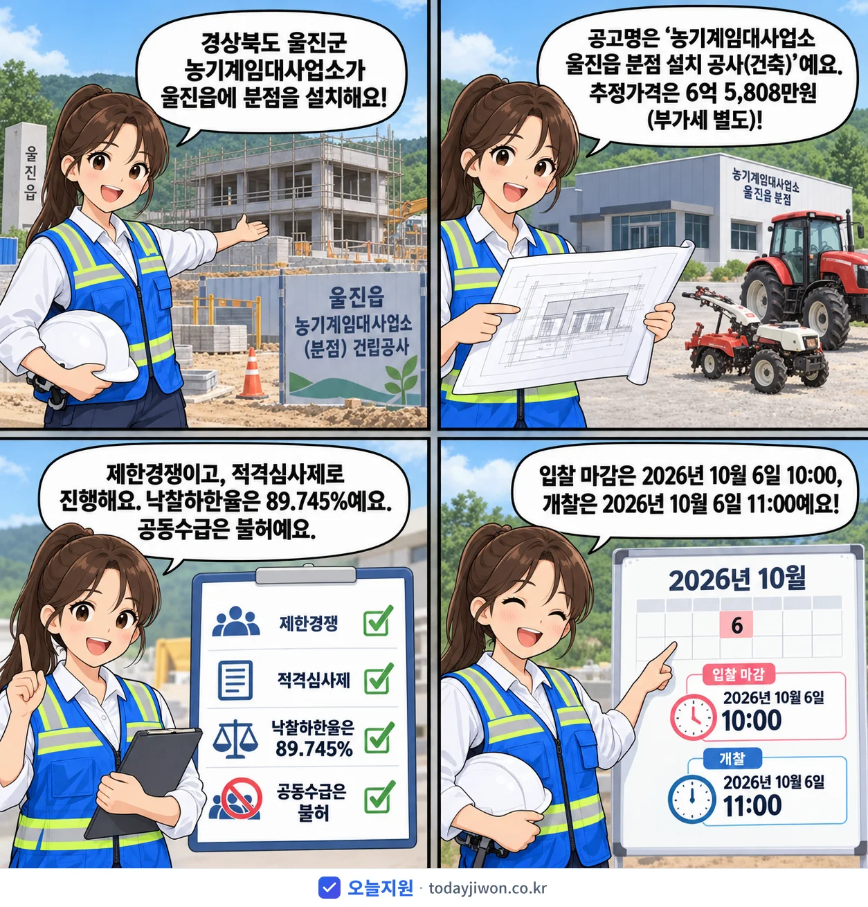 4컷 만화로 보는 공고: 경상북도 울진군 농기계임대사업소 '농기계임대사업소 울진읍 분점 설치 공사(건축)', 추정가격 6억 5,808만원, 입찰 마감 10/6 10:00