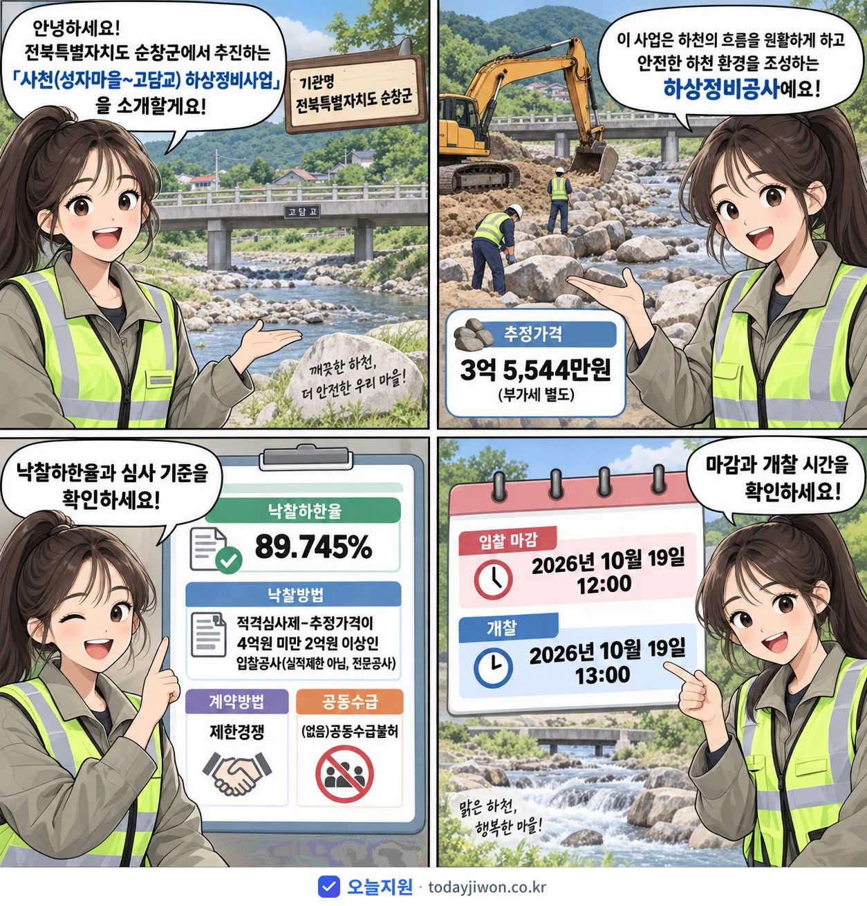 4컷 만화로 보는 공고: 전북특별자치도 순창군 '사천(성자마을~고담교) 하상정비사업', 추정가격 3억 5,544만원, 입찰 마감 10/19 12:00