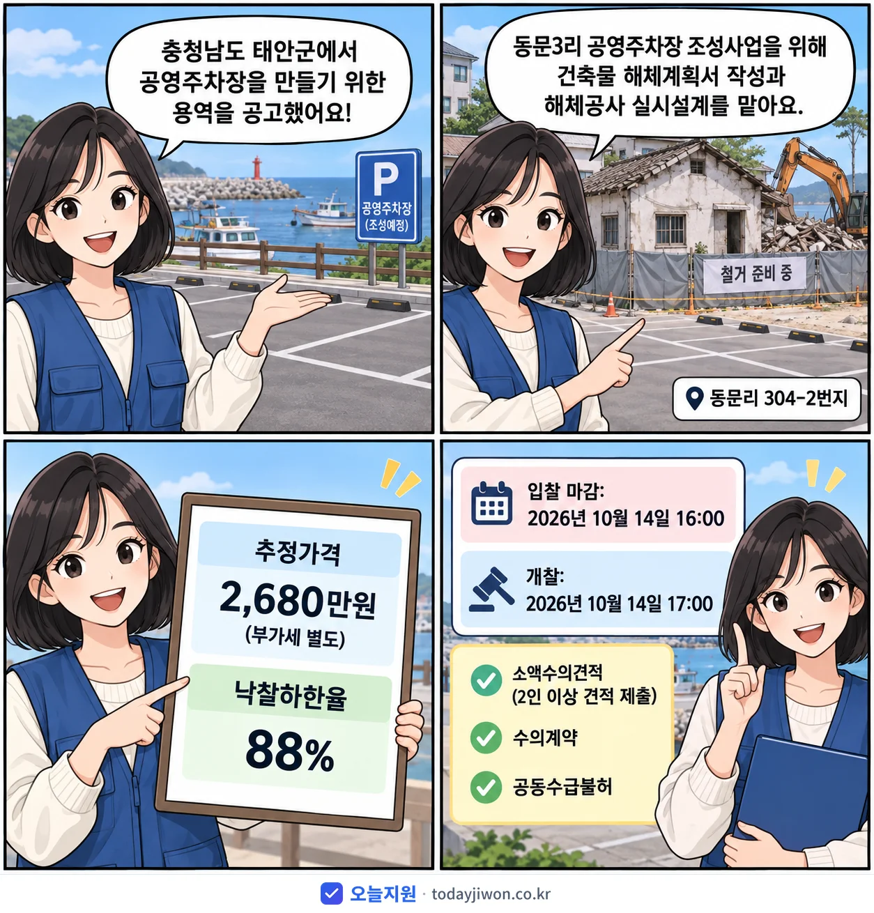 4컷 만화로 보는 공고: 충청남도 태안군 '동문3리 공영주차장 조성사업 건축물 해체계획서 작성 및 해체공사 실시설…', 추정가격 2,680만원, 입찰 마감 10/14 16:00
