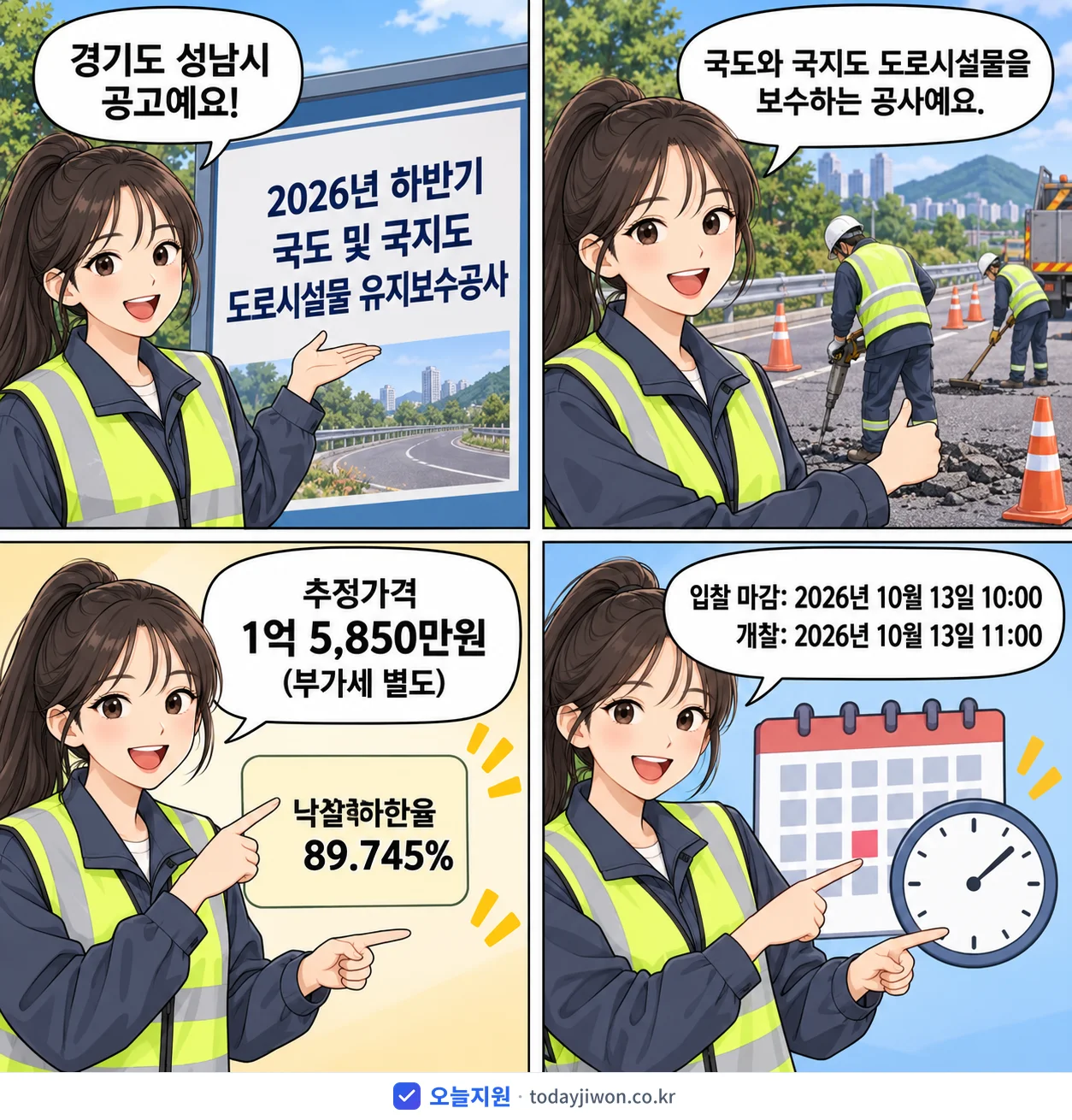 4컷 만화로 보는 공고: 경기도 성남시 '하반기 국도 및 국지도 도로시설물 유지보수공사', 추정가격 1억 5,850만원, 입찰 마감 10/13 10:00