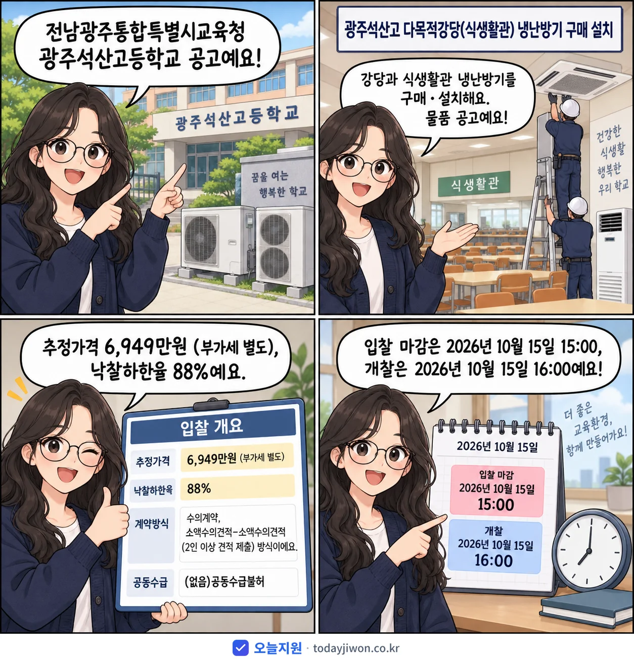 4컷 만화로 보는 공고: 전남광주통합특별시교육청 광주석산고등학교 '광주석산고 다목적강당(식생활관) 냉난방기 구매 설치', 추정가격 6,949만원, 입찰 마감 10/15 15:00