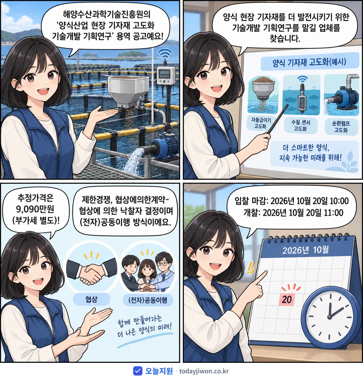 4컷 만화로 보는 공고: 해양수산과학기술진흥원 '양식산업 현장 기자재 고도화 기술개발 기획연구', 추정가격 9,090만원, 입찰 마감 10/20 10:00