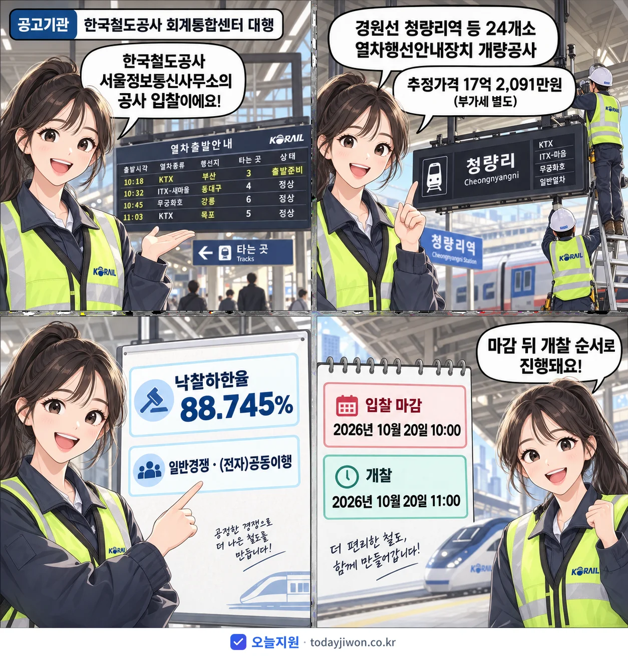 4컷 만화로 보는 공고: 한국철도공사 서울정보통신사무소 '경원선 청량리역 등 24개소 열차행선안내장치 개량공사', 추정가격 17억 2,091만원, 입찰 마감 10/20 10:00