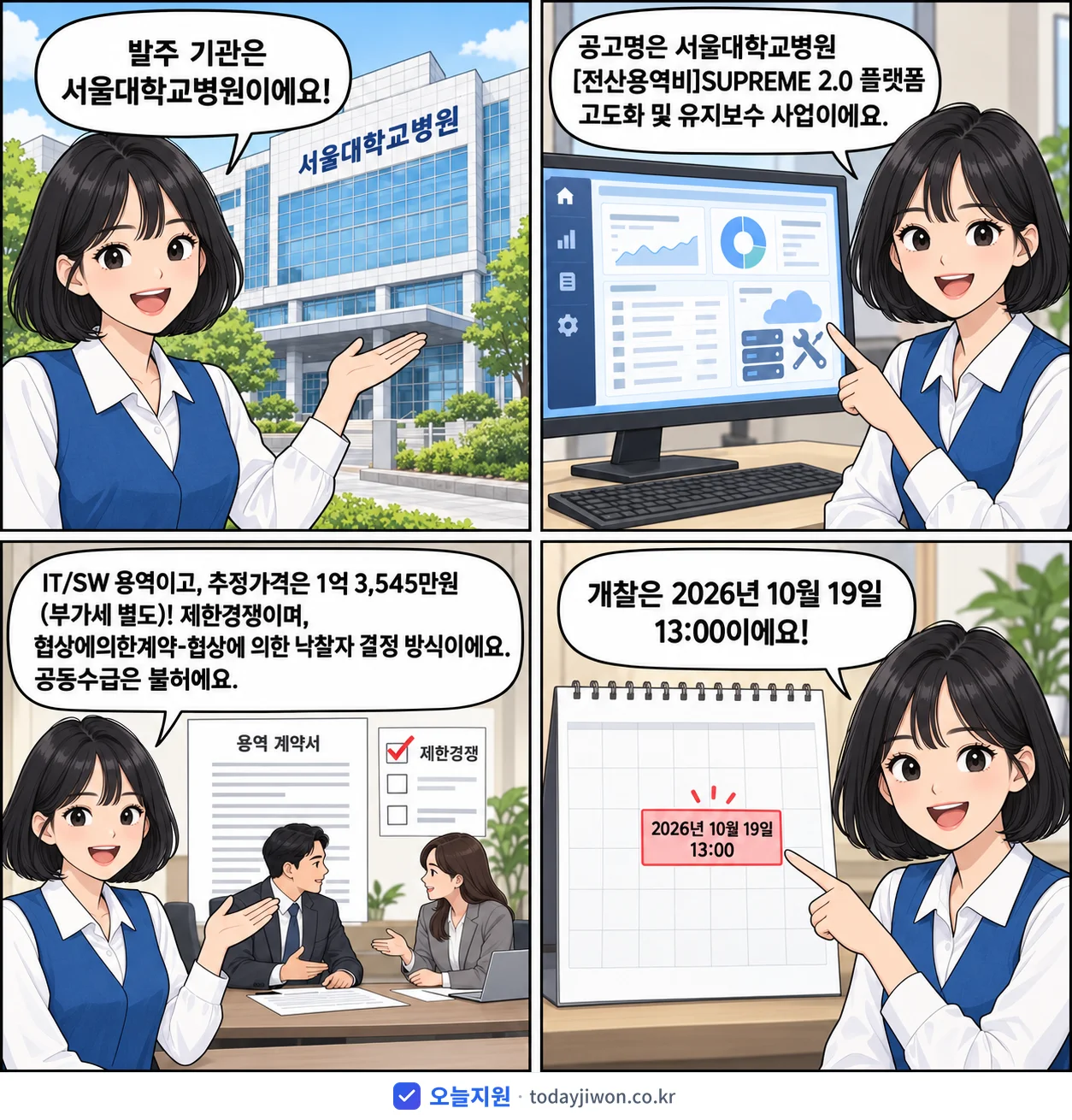 4컷 만화로 보는 공고: 서울대학교병원 '서울대학교병원 SUPREME 2.0 플랫폼 고도화 및 유지보수 사업', 추정가격 1억 3,545만원